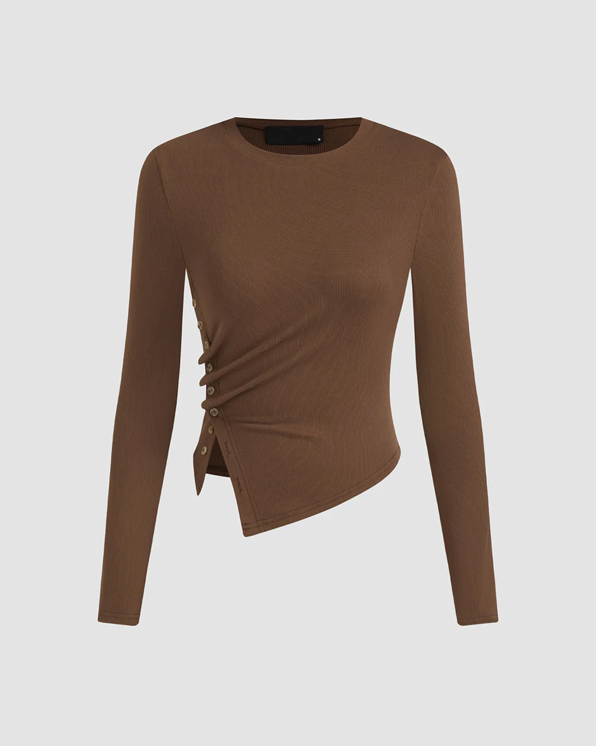 Asymmetric Button Up Brown Ribbed Top - Image 2