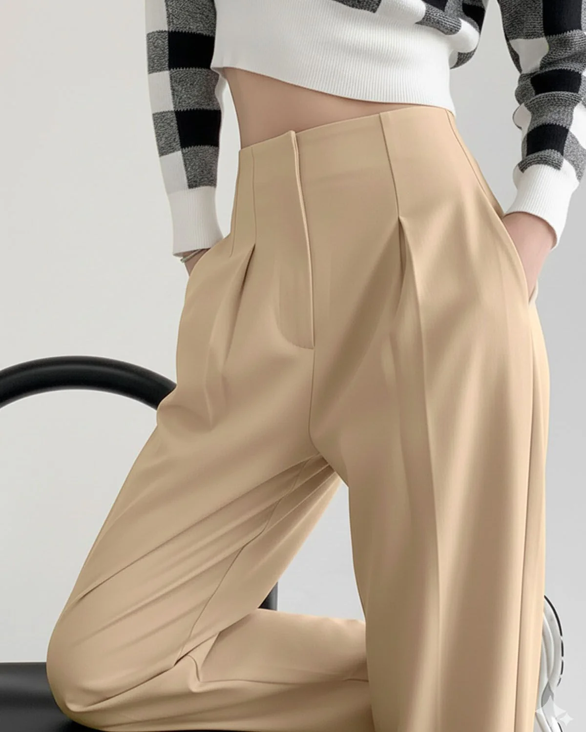 Beige Smocked Detail Korean Trousers