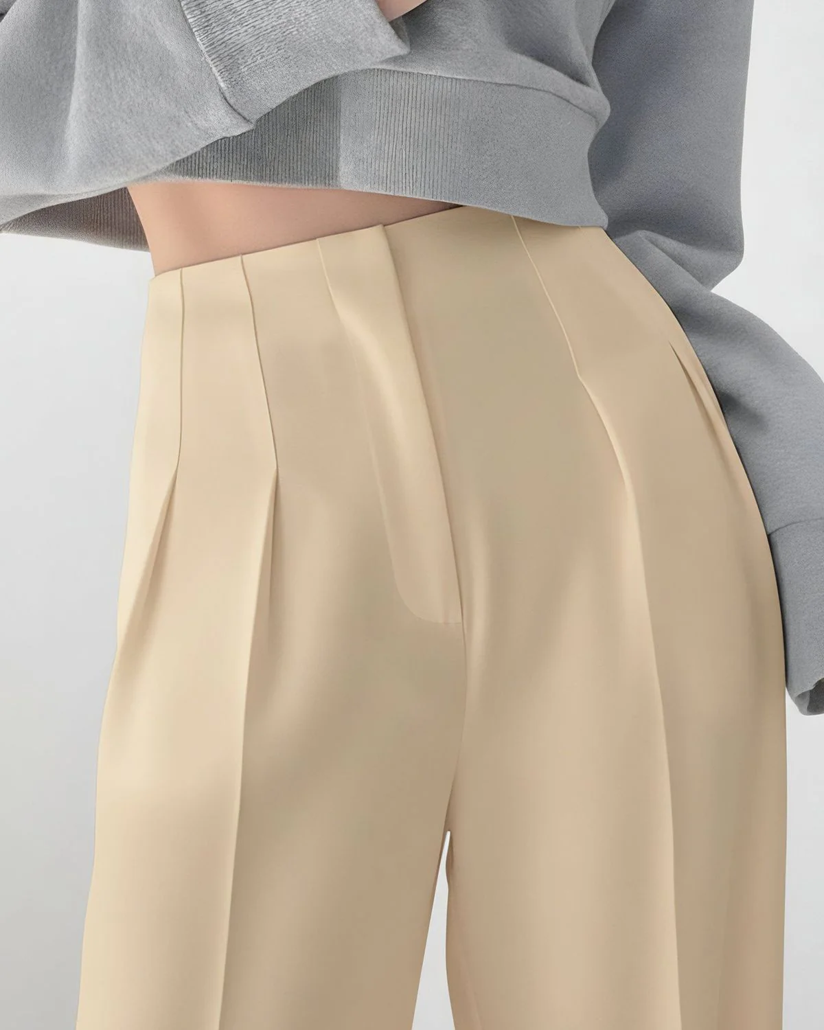 Beige Smocked Detail Korean Trousers - Image 2