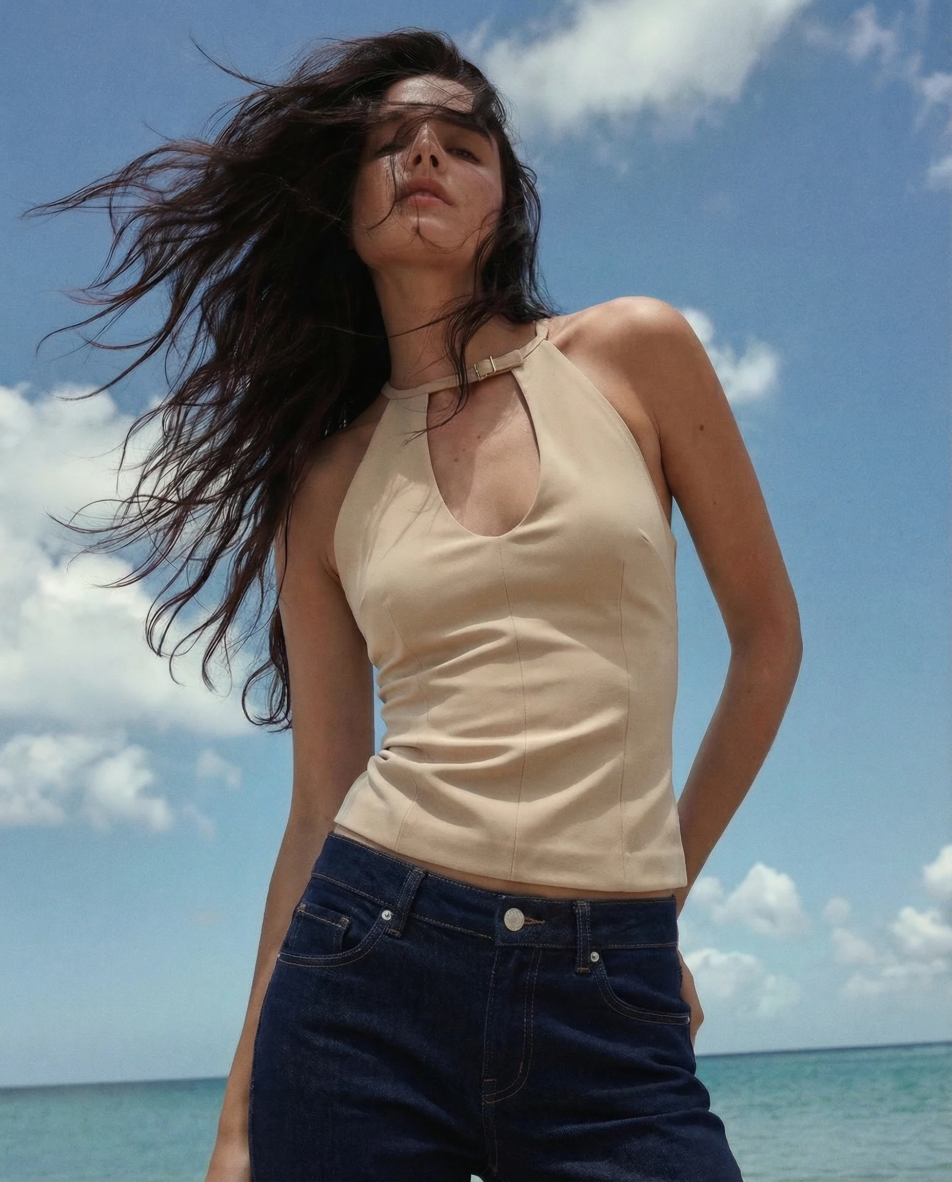 Beige Keyhole Halter Top