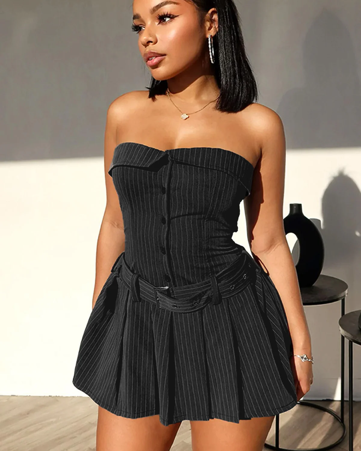 Belted Pinstripes Off Shoulder Pleated Dress