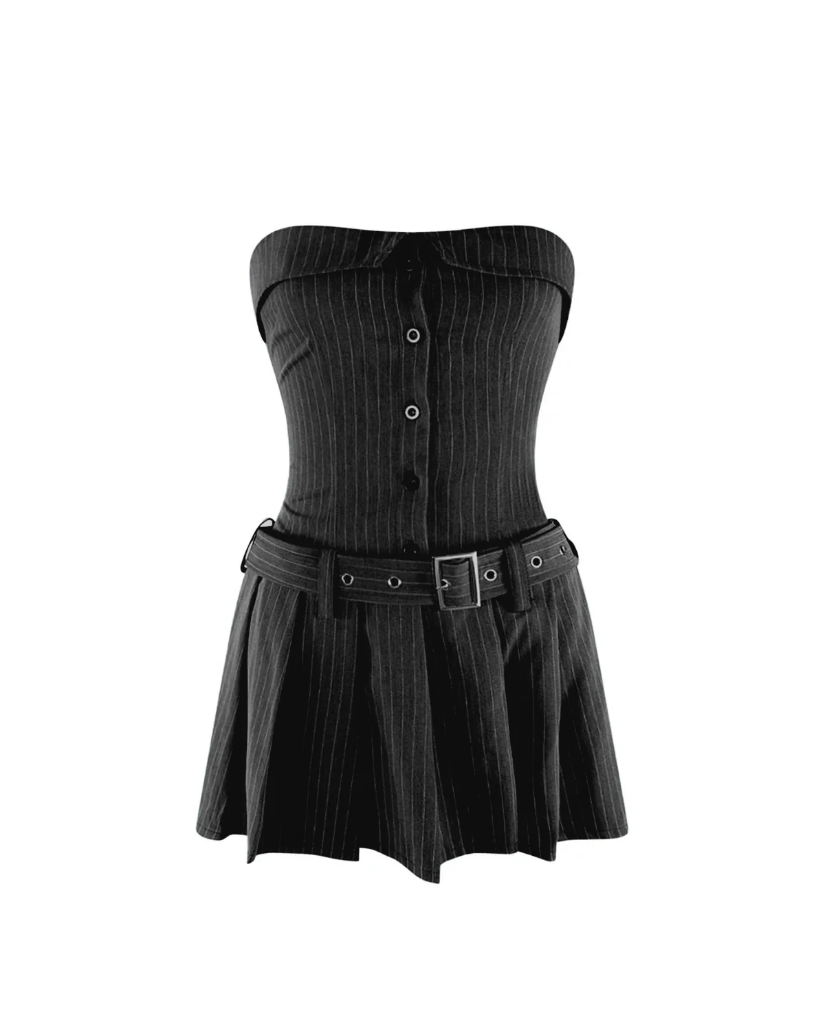 Belted Pinstripes Off Shoulder Pleated Dress - Image 3