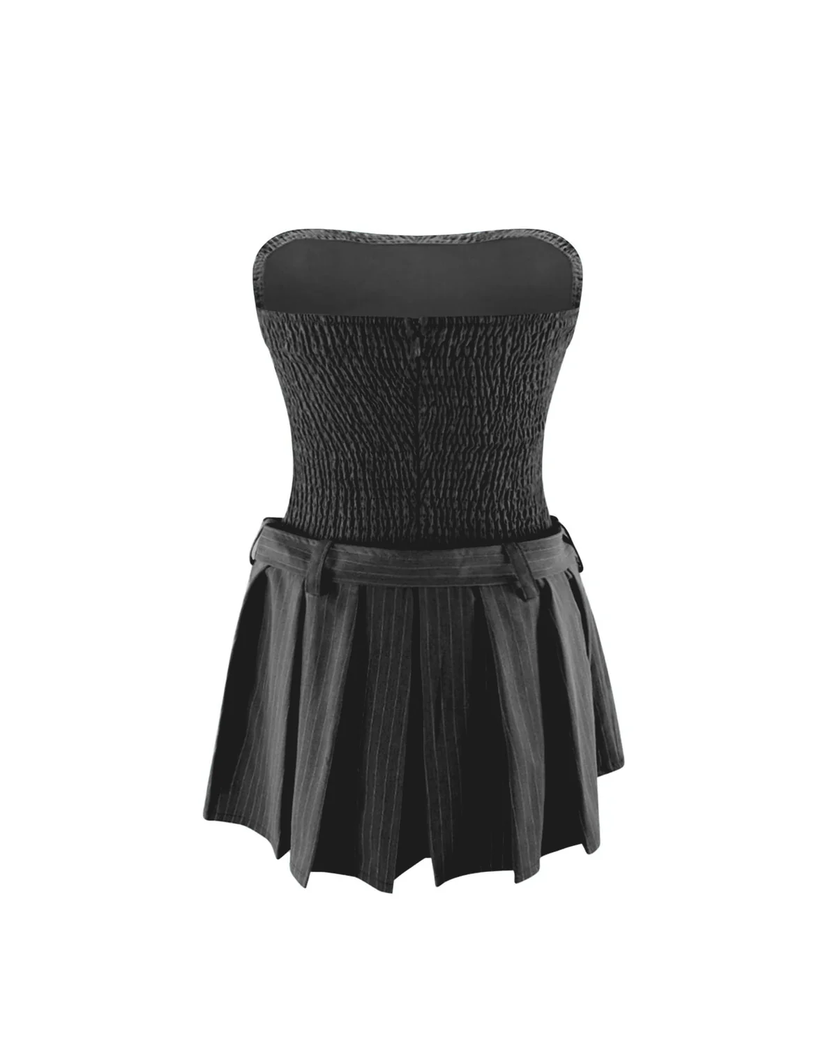 Belted Pinstripes Off Shoulder Pleated Dress - Image 4
