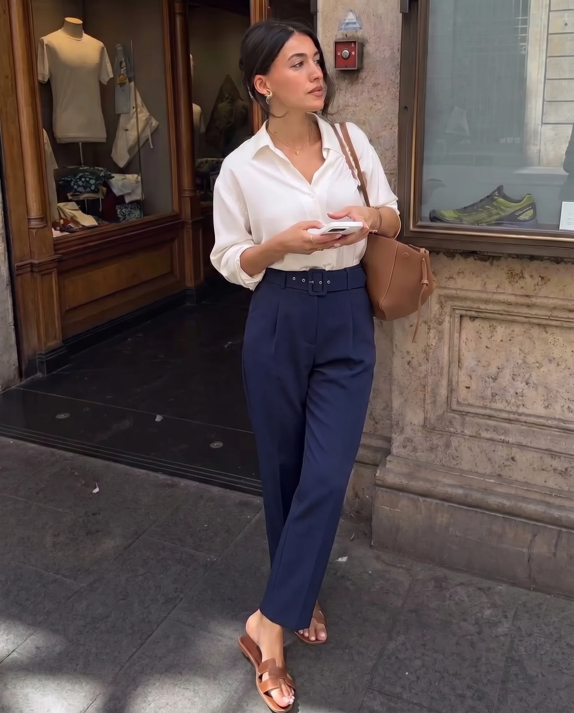 Belted Tapered Pants With Belt - Dark Blue - Image 3