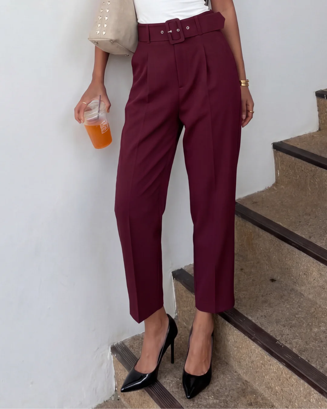Belted Tapered Pants With Belt - Maroon