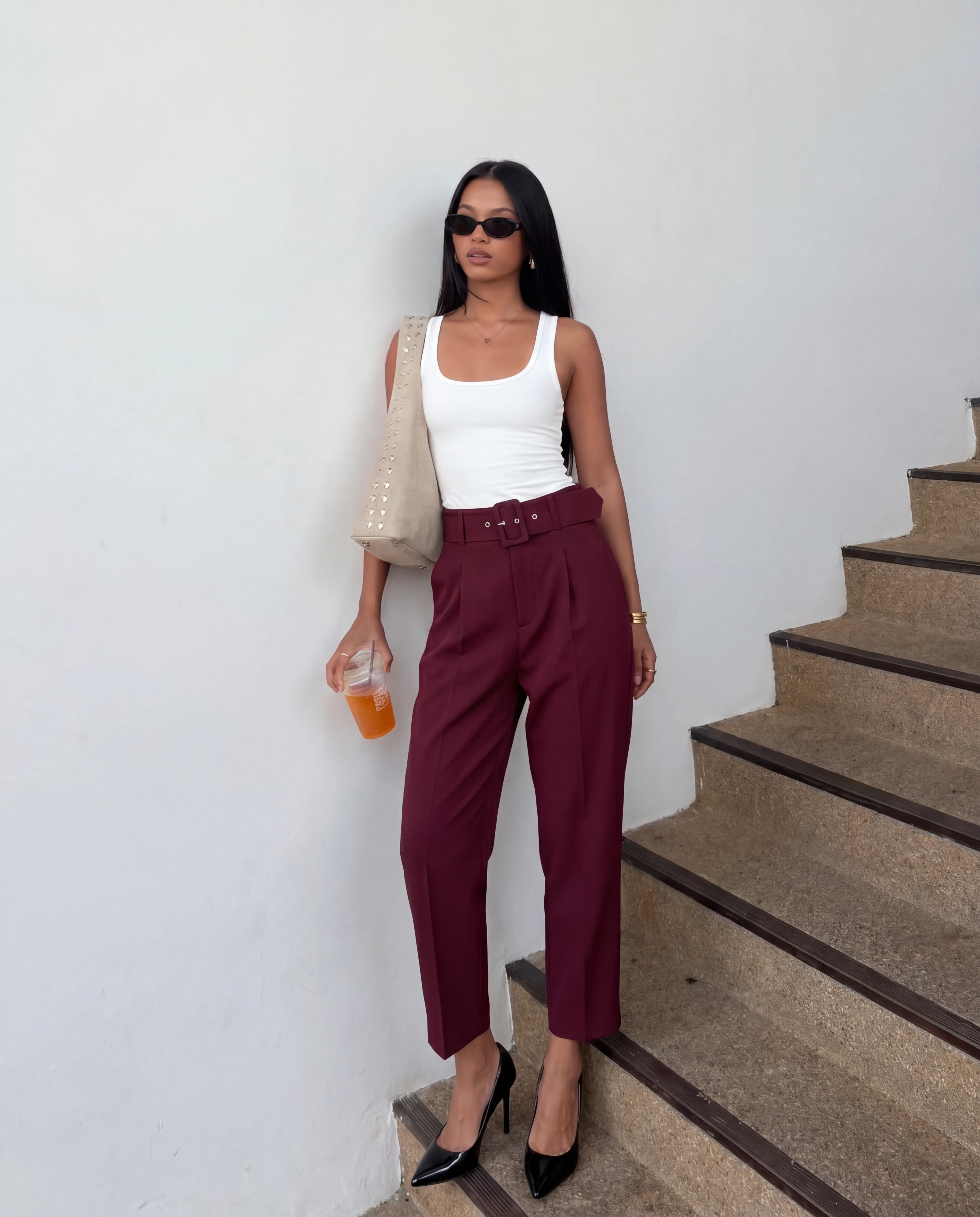 Belted Tapered Pants With Belt - Maroon - Image 2