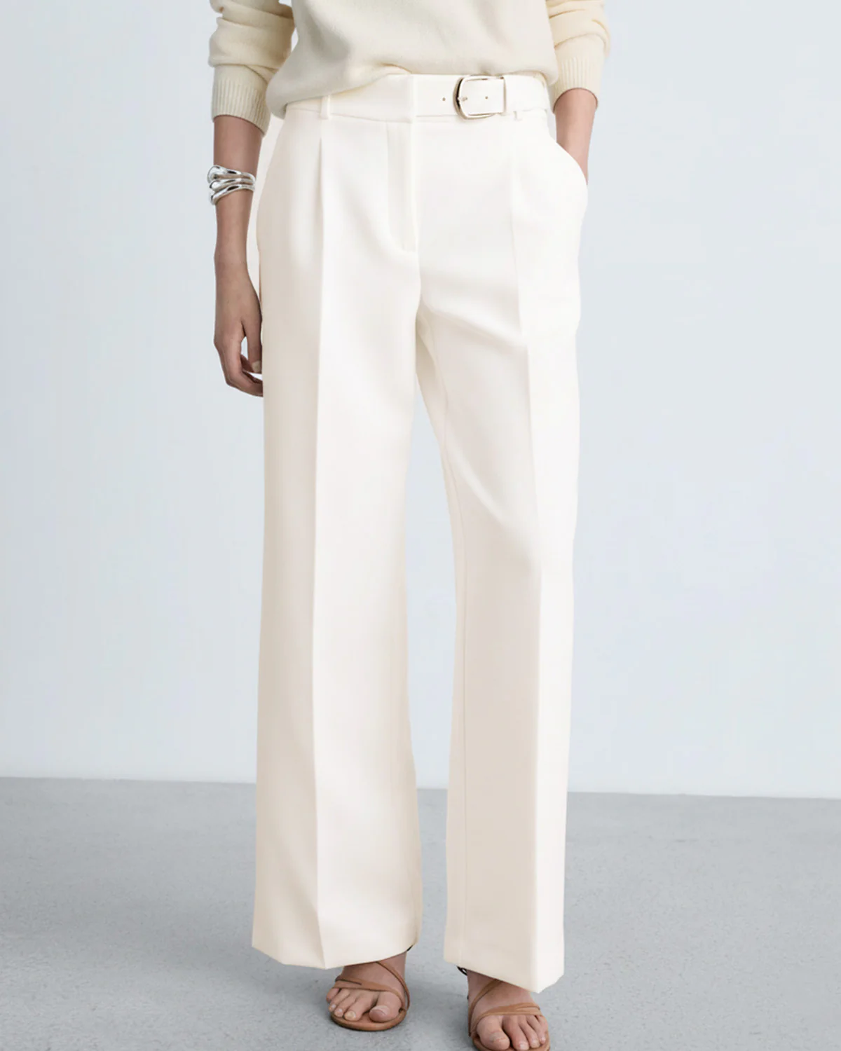 Belted White Straight Fit Trouser