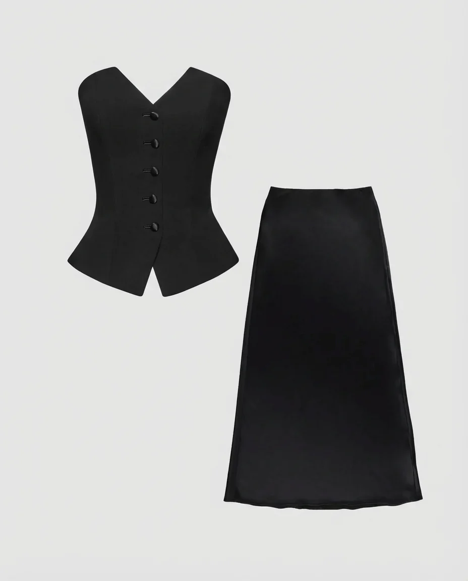 Black Bandeau Waistcoat With Satin Skirt Set - Image 4