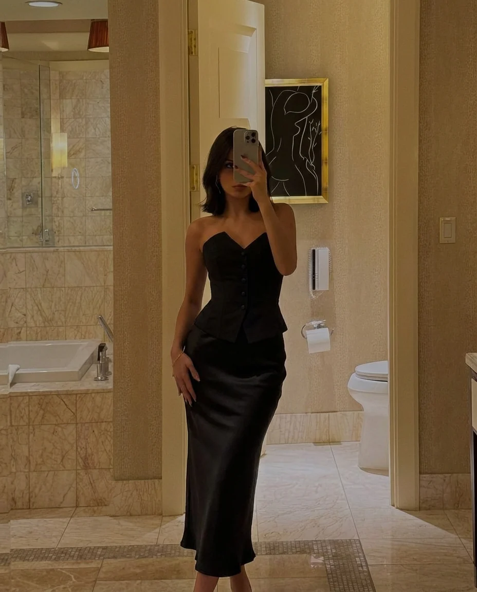 Black Bandeau Waistcoat With Satin Skirt Set - Image 6