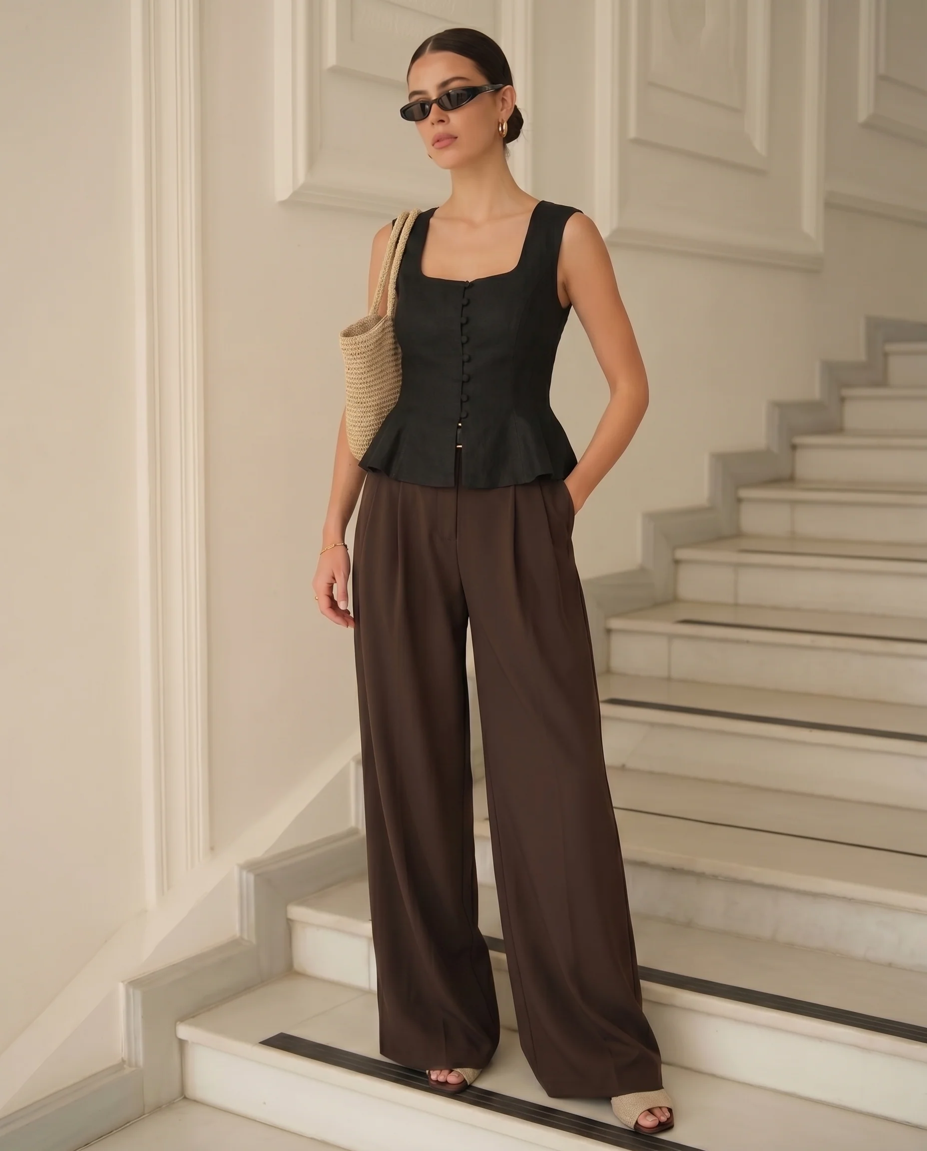 Black Buttoned Peplum Top and Dark Brown Pleated Pants With Belt - Image 3