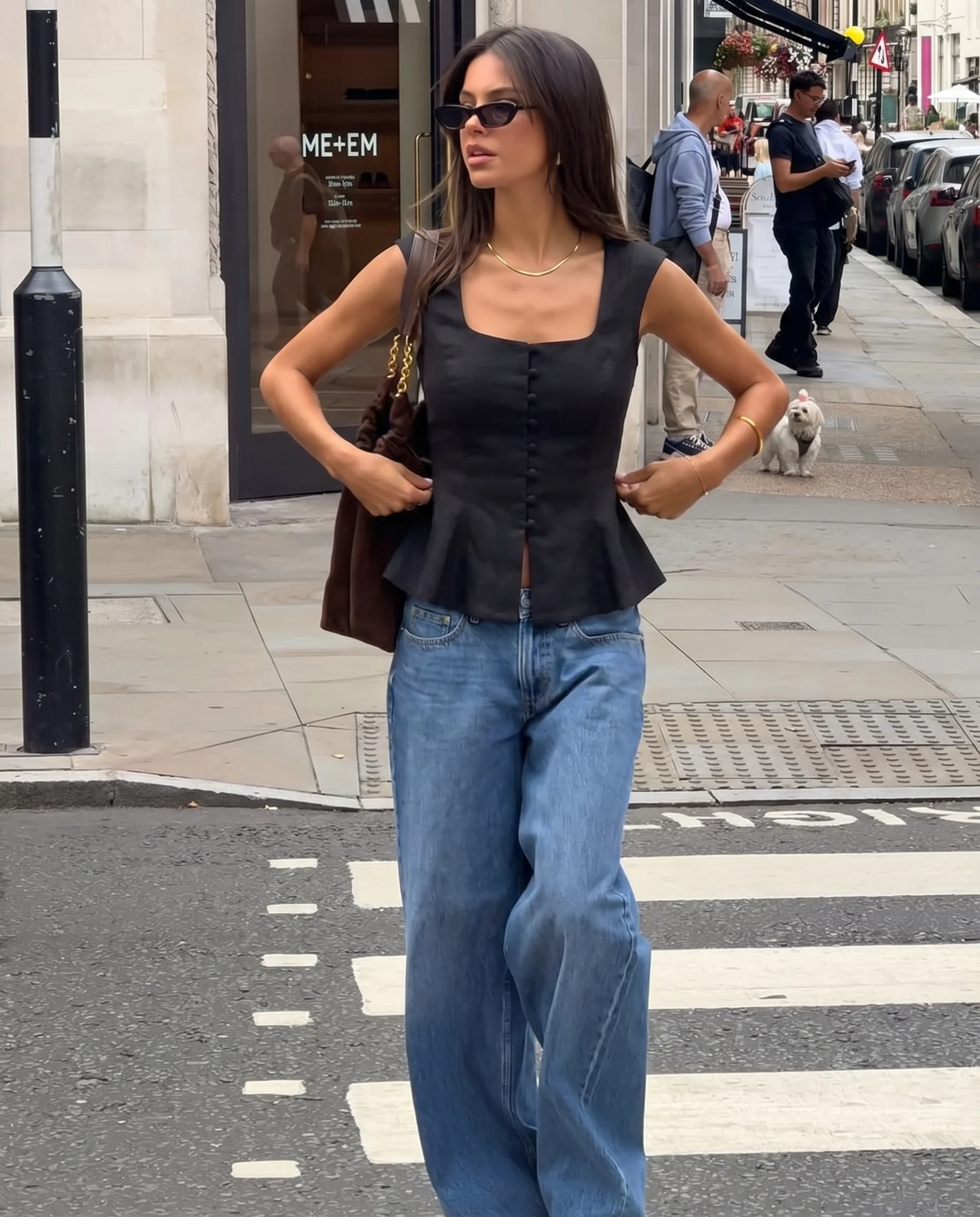 Black Buttoned Square Neck Peplum Top - Image 2