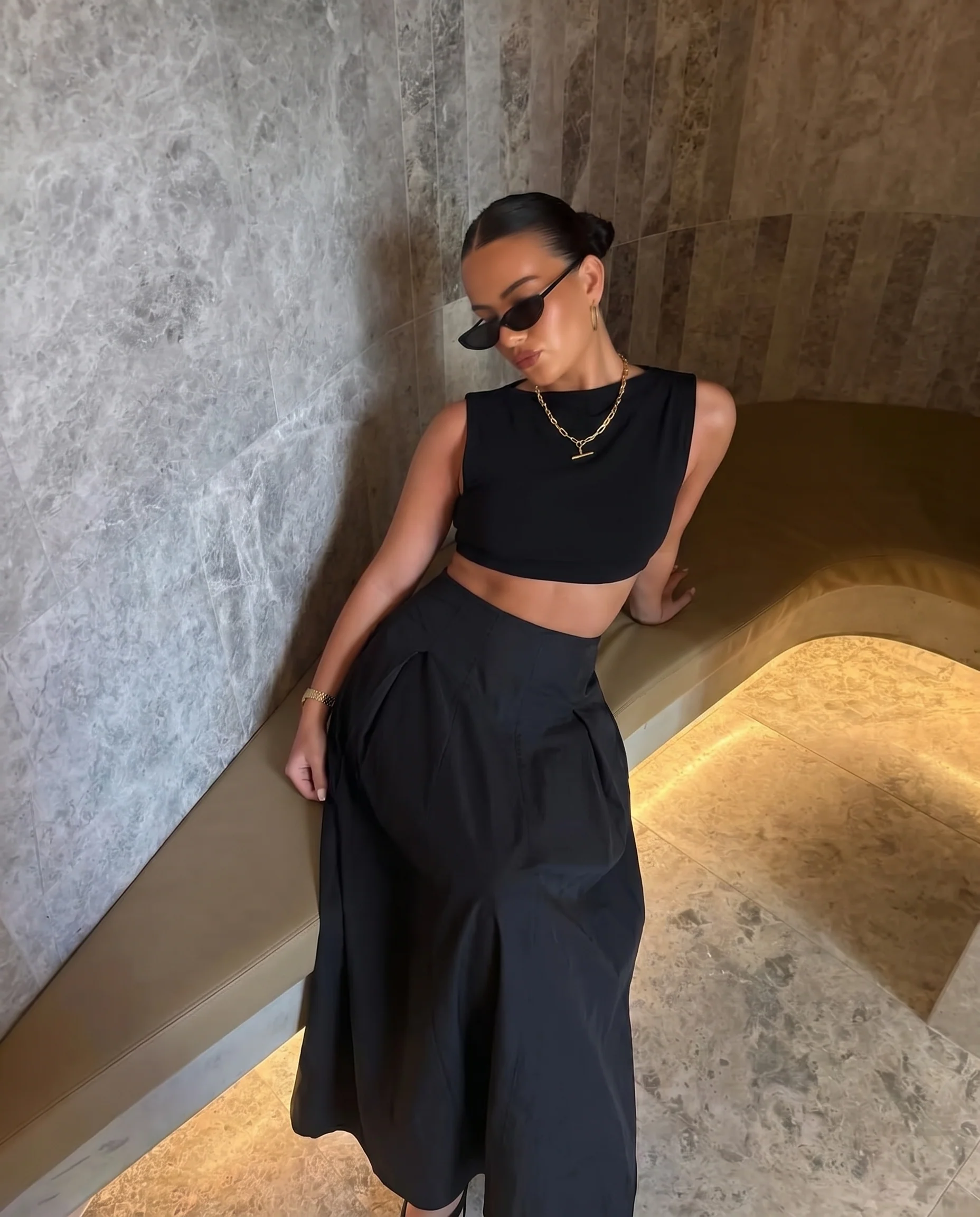 Black Crop Top and Cotton Skirt Summer Set