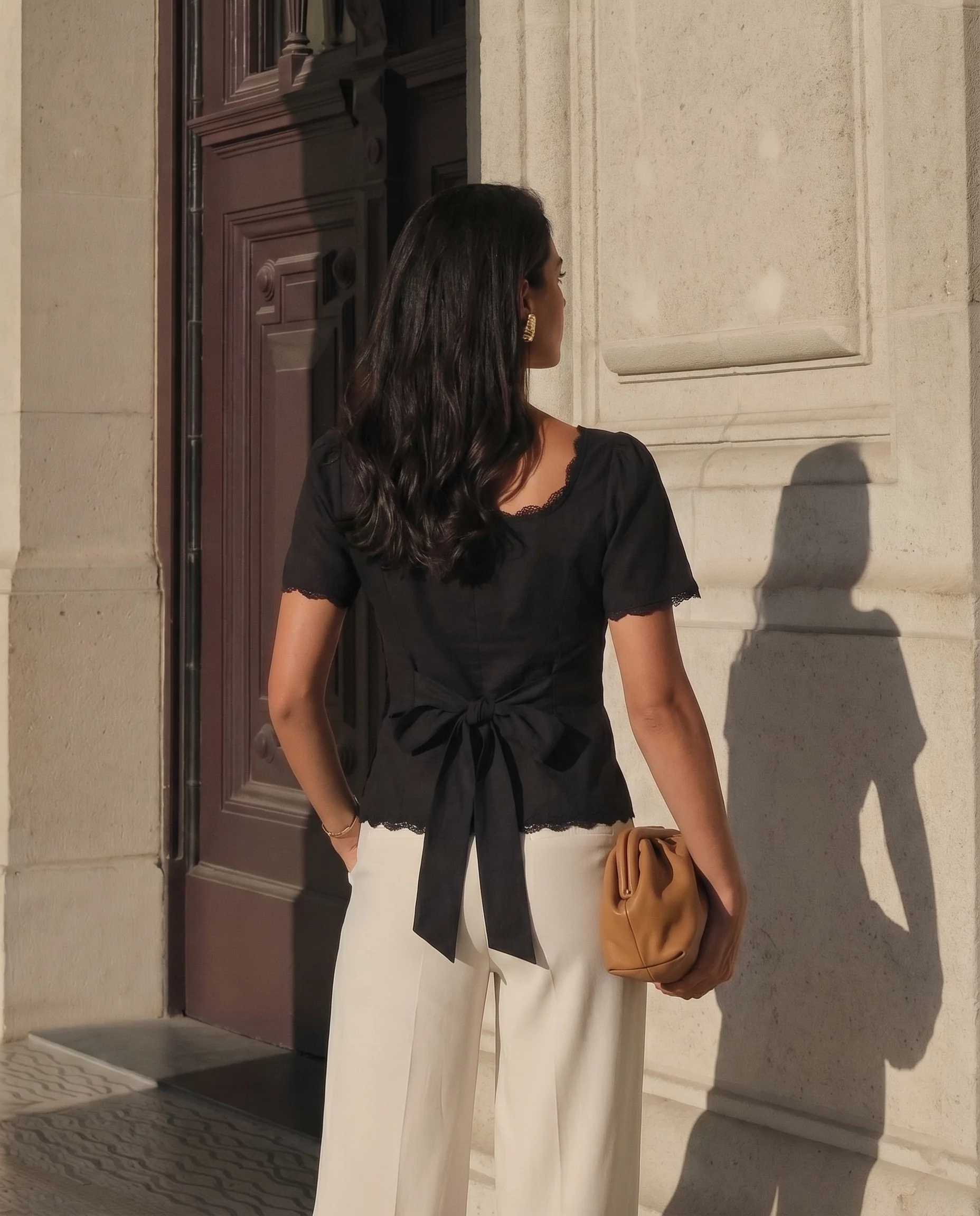Black Lace-Trim Fitted Button-Up Top - Image 5