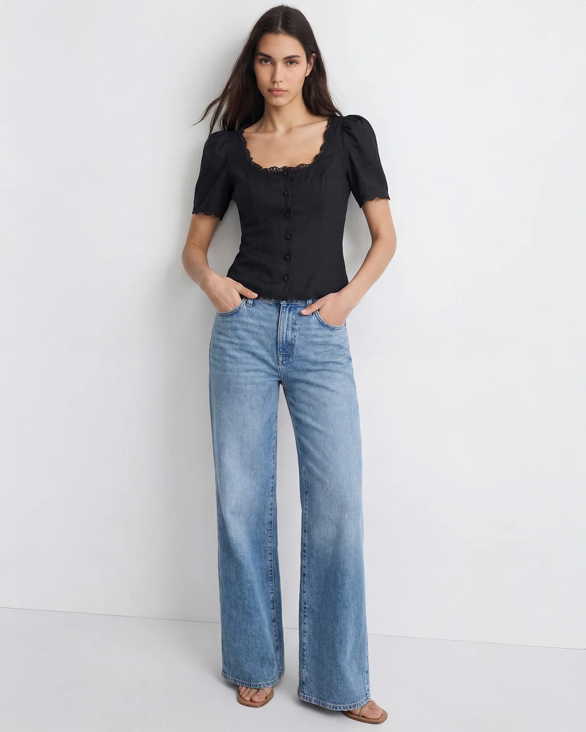 Black Lace-Trim Fitted Button-Up Top - Image 4
