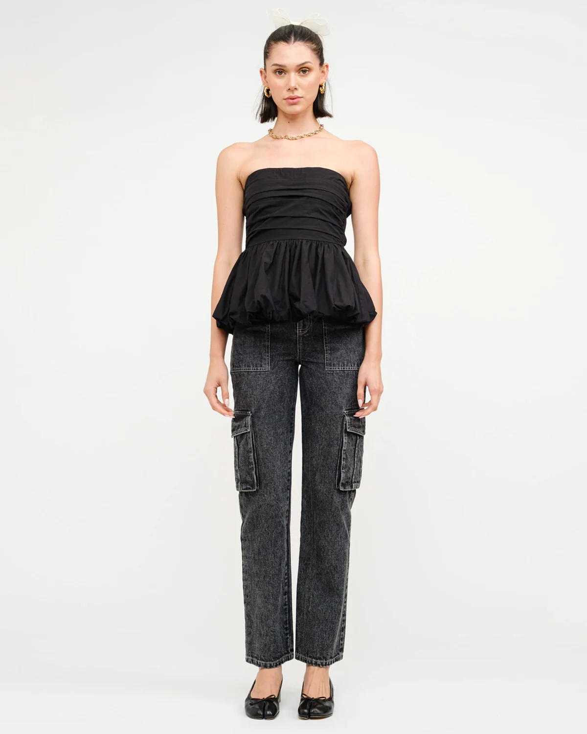 Black Off Shoulder Bubble Hem Top - Image 3