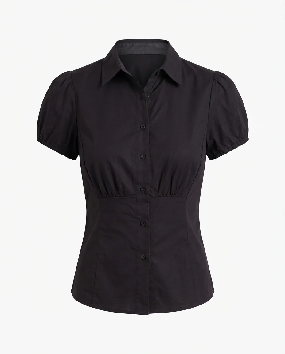 Black Puff Sleeve Fitted Cotton Shirt - Image 6