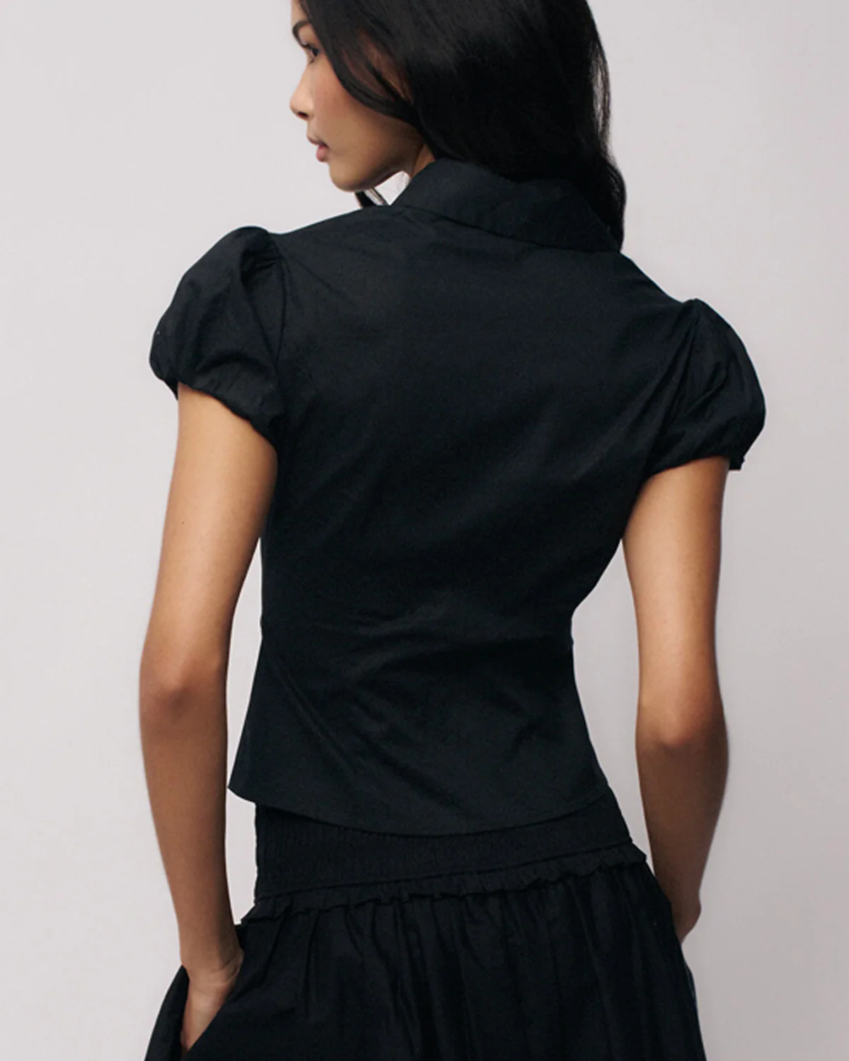Black Puff Sleeve Shirt Style Top - Image 3