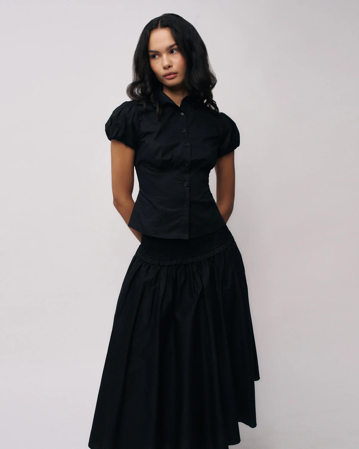 Black Puff Sleeve Shirt Style Top - Image 5