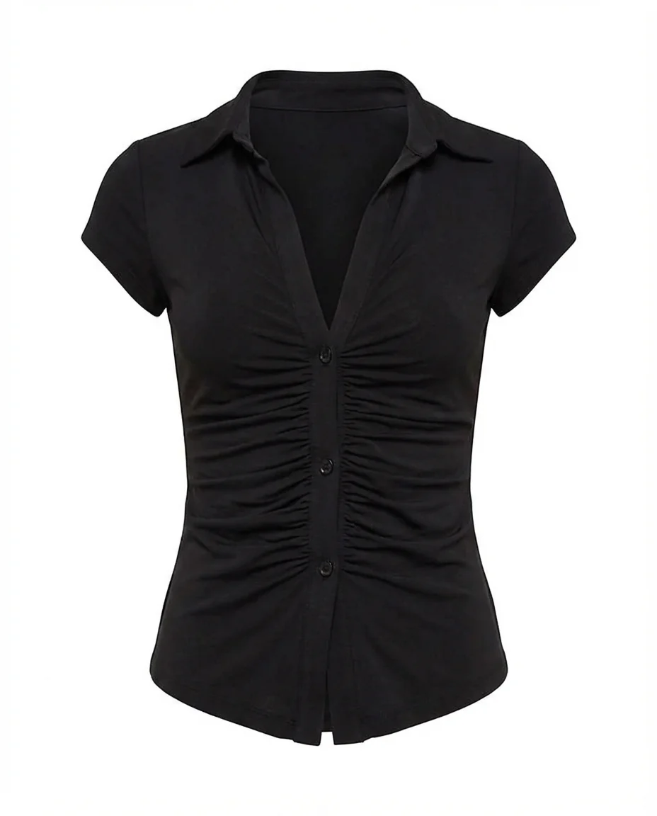 Black Ruched Buttoned Shirt - Image 5