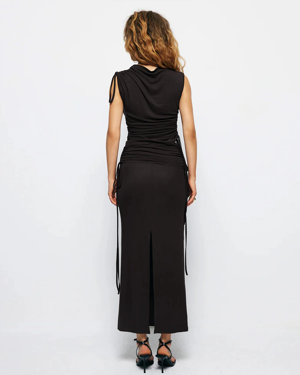 Black Ruched Top And Slit Skirt Co Ord Set - Image 3