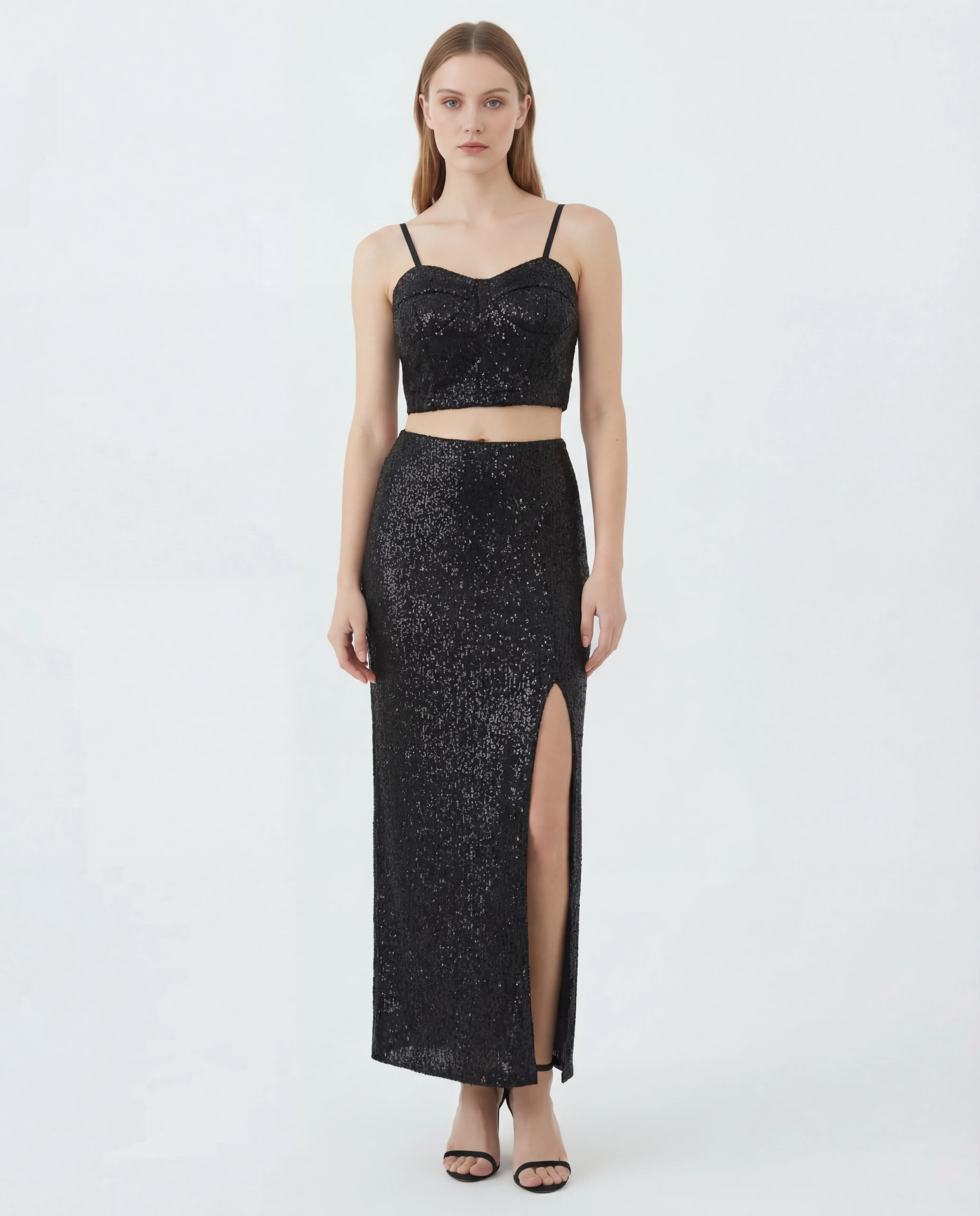 Black Sequin Top and Skirt Coord Set