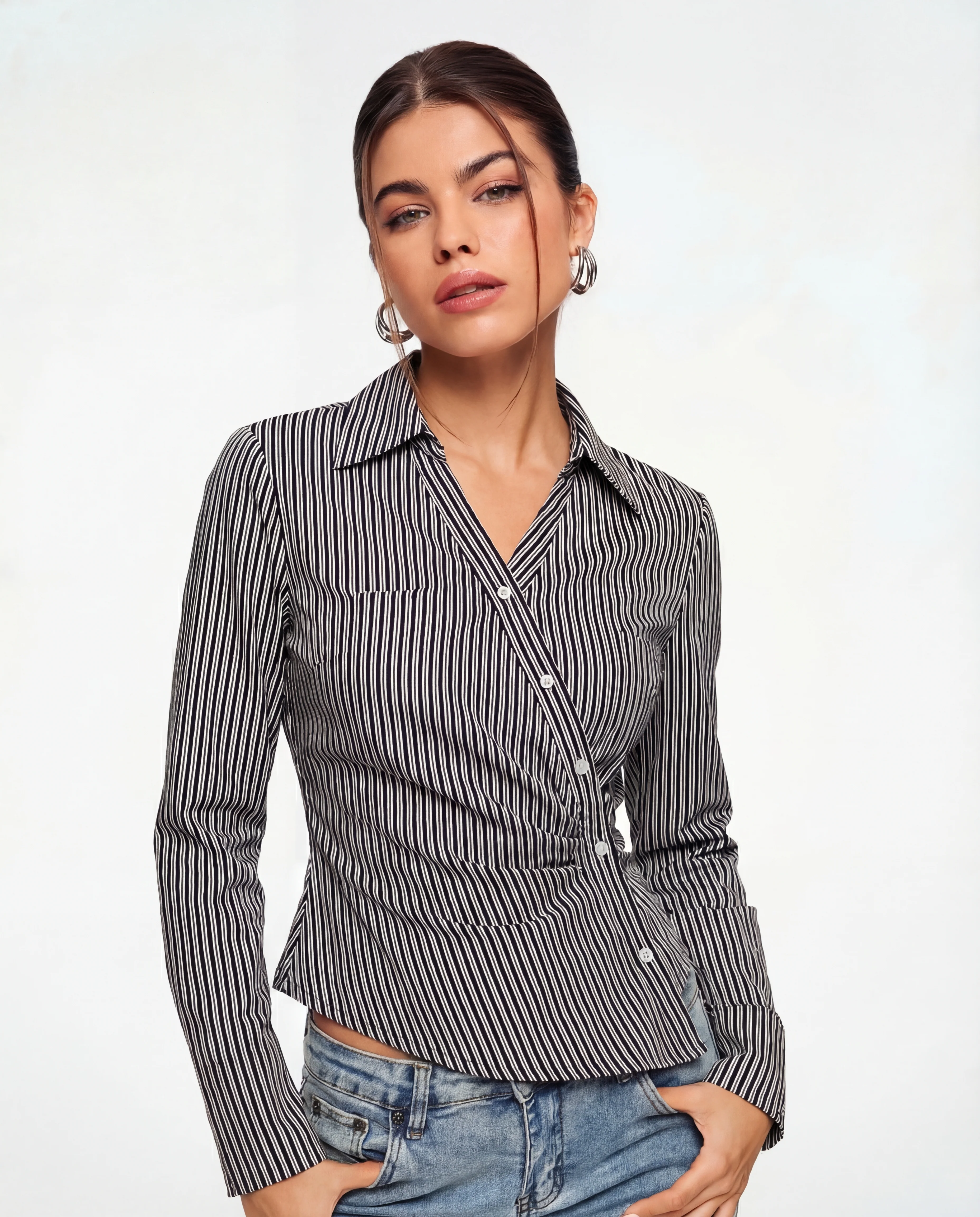 Black Stripe Asymmetric Hem Shirt