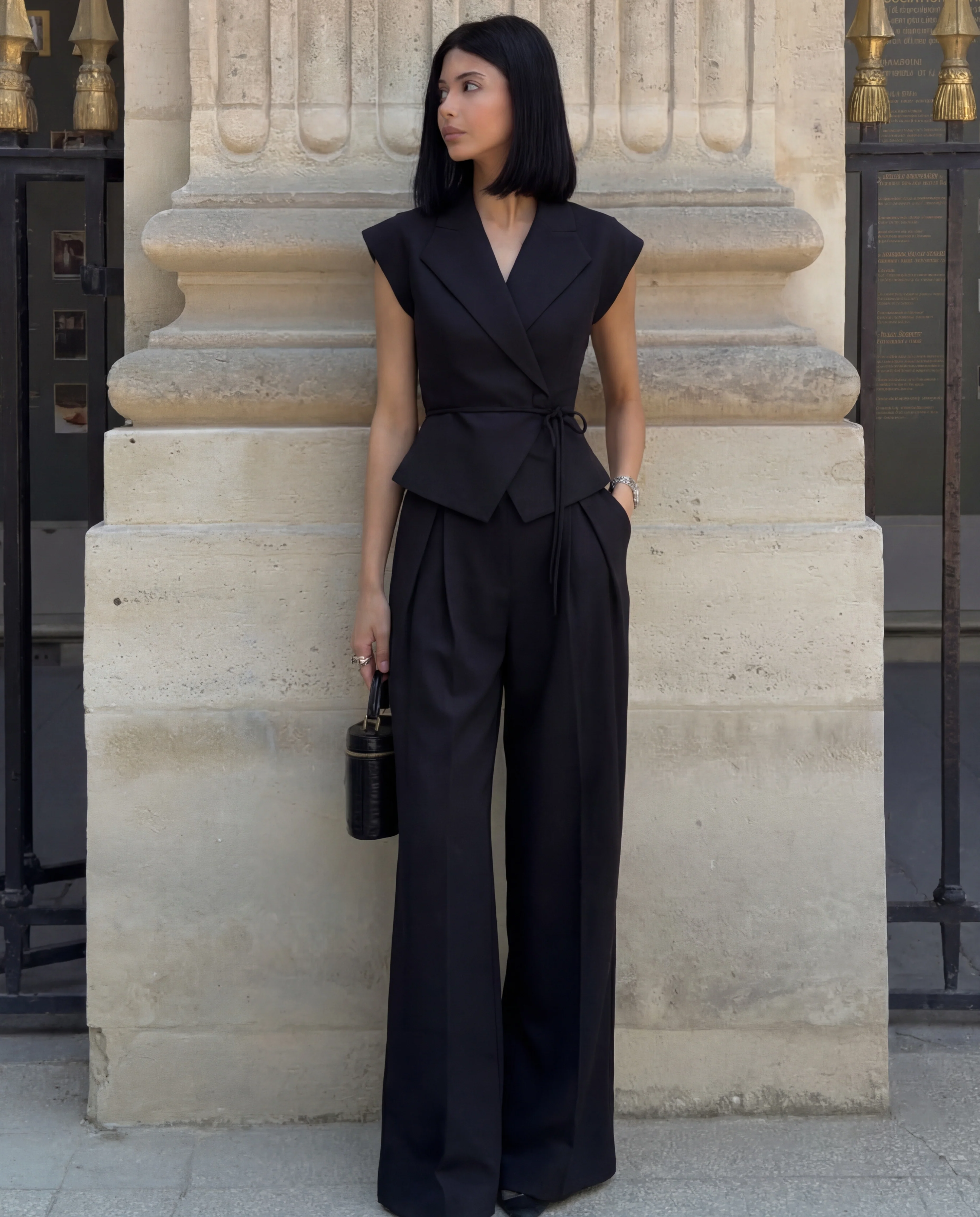 Black Tailored Peplum Vest and Wide Leg Pant Set - Image 3