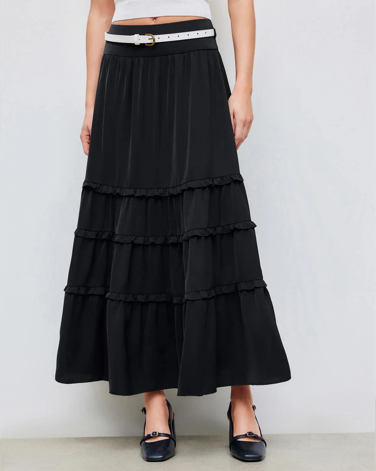 Black Tiered Maxi Skirt with White Belt - Image 3
