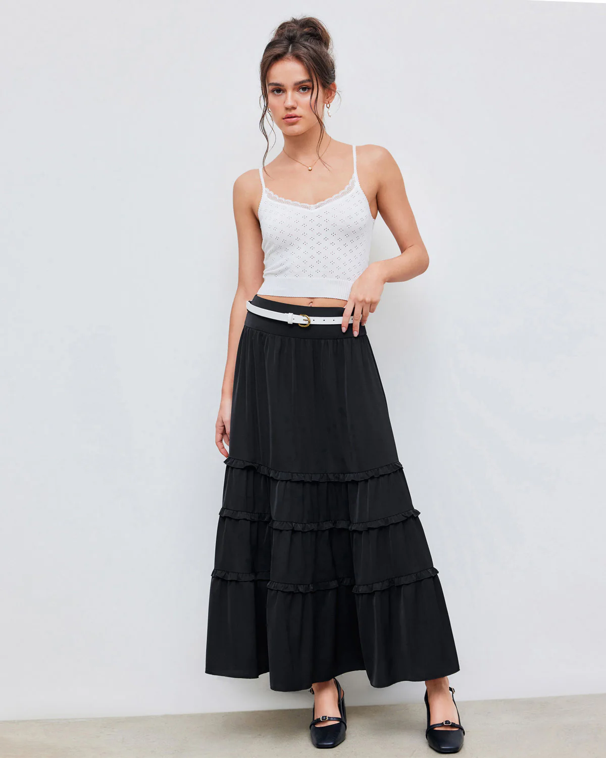 Black Tiered Maxi Skirt with White Belt - Image 4