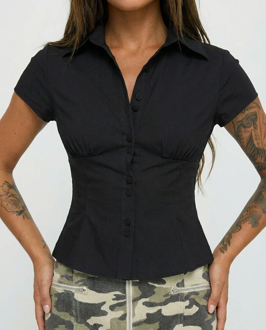 Black Waist Fitted Cotton Shirt - Image 4