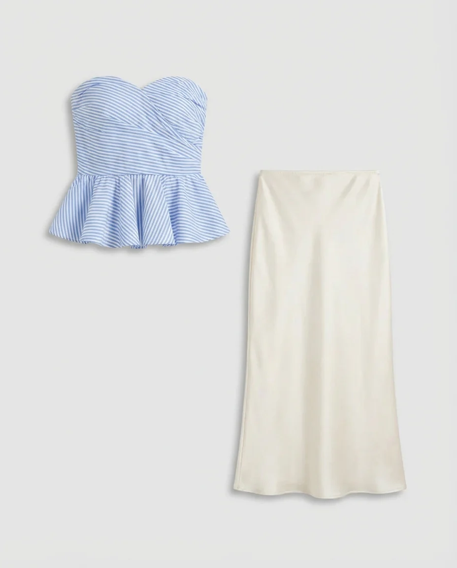 Blue Pinstripe Peplum Top With Ivory Satin Skirt - Image 4