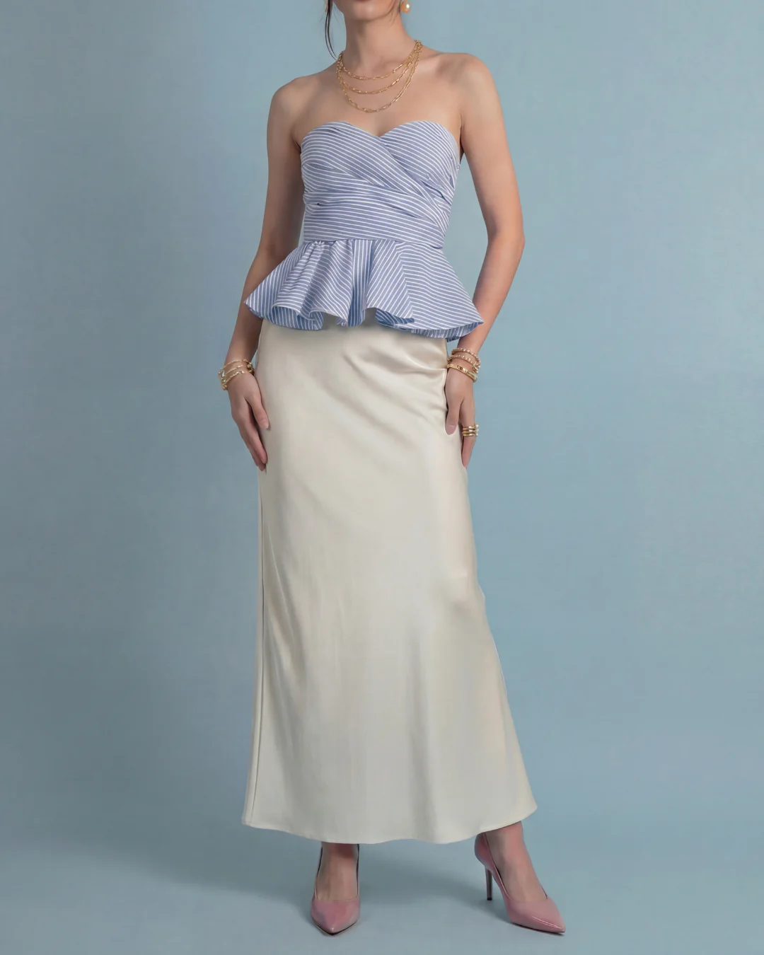 Blue Pinstripe Peplum Top With Ivory Satin Skirt - Image 5