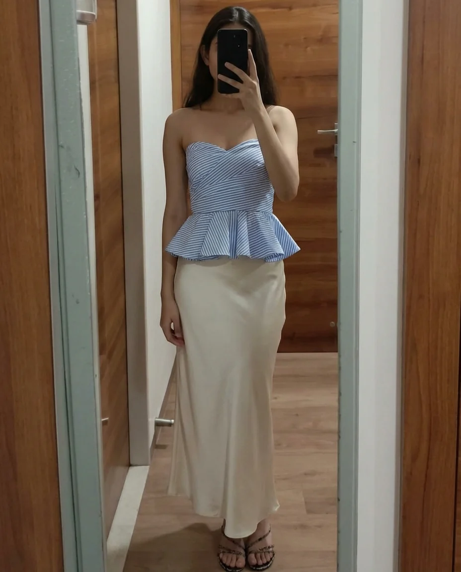 Blue Pinstripe Peplum Top With Ivory Satin Skirt - Image 6