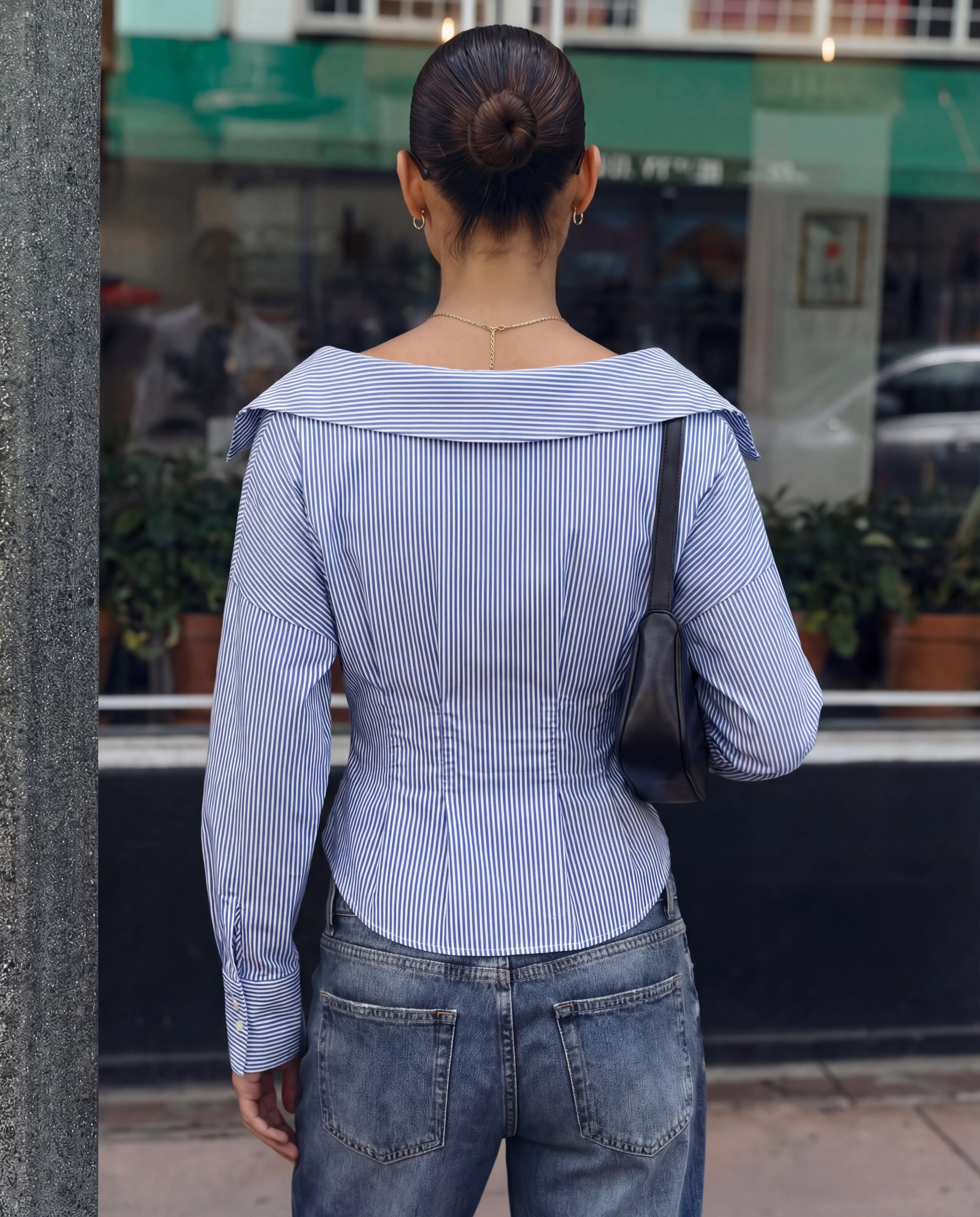 Pinstripes Fitted Waist Cotton Shirt - Blue - Image 4
