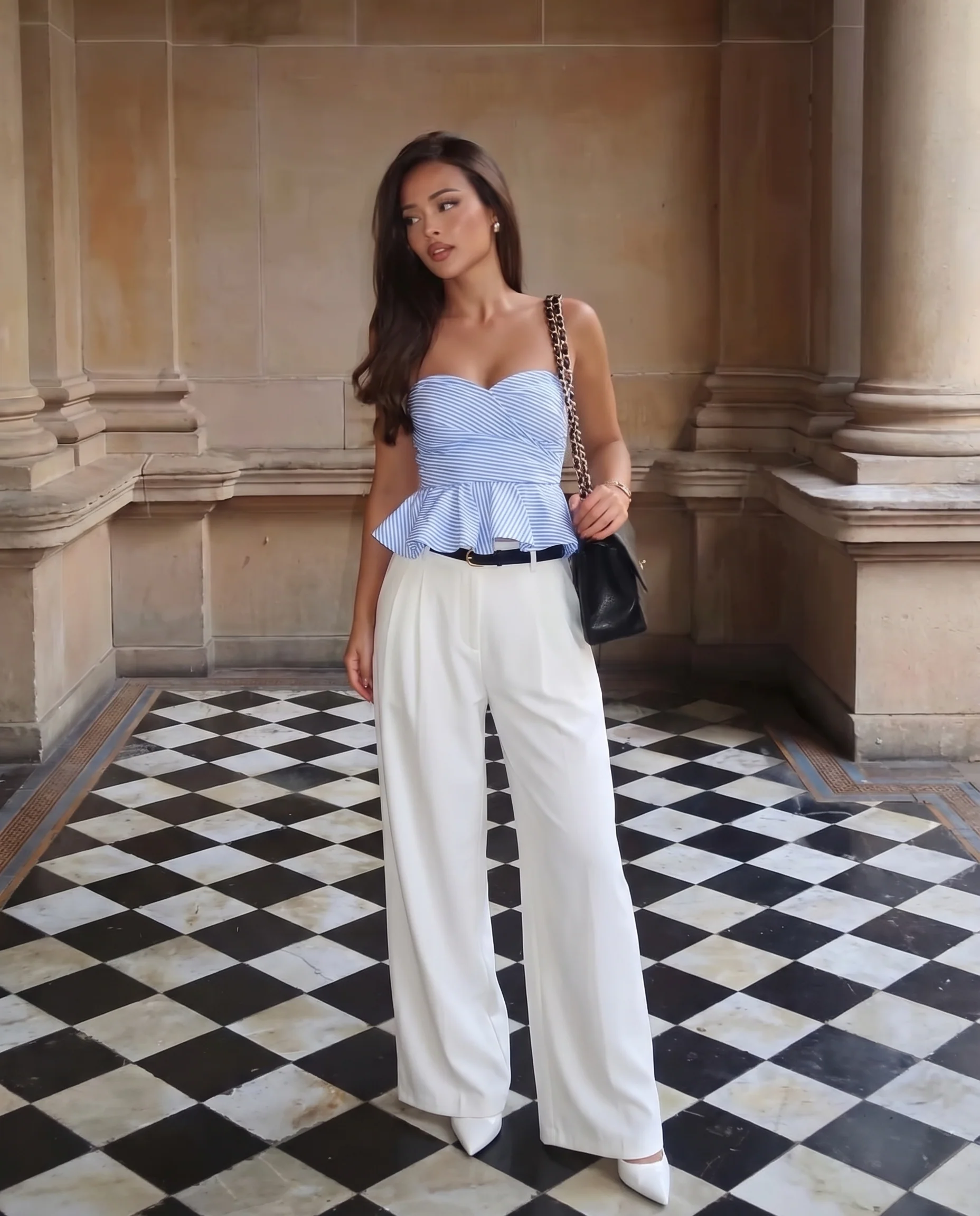 Blue Stripes Bandeau Top and White Pleated Pants with Belt - Image 3