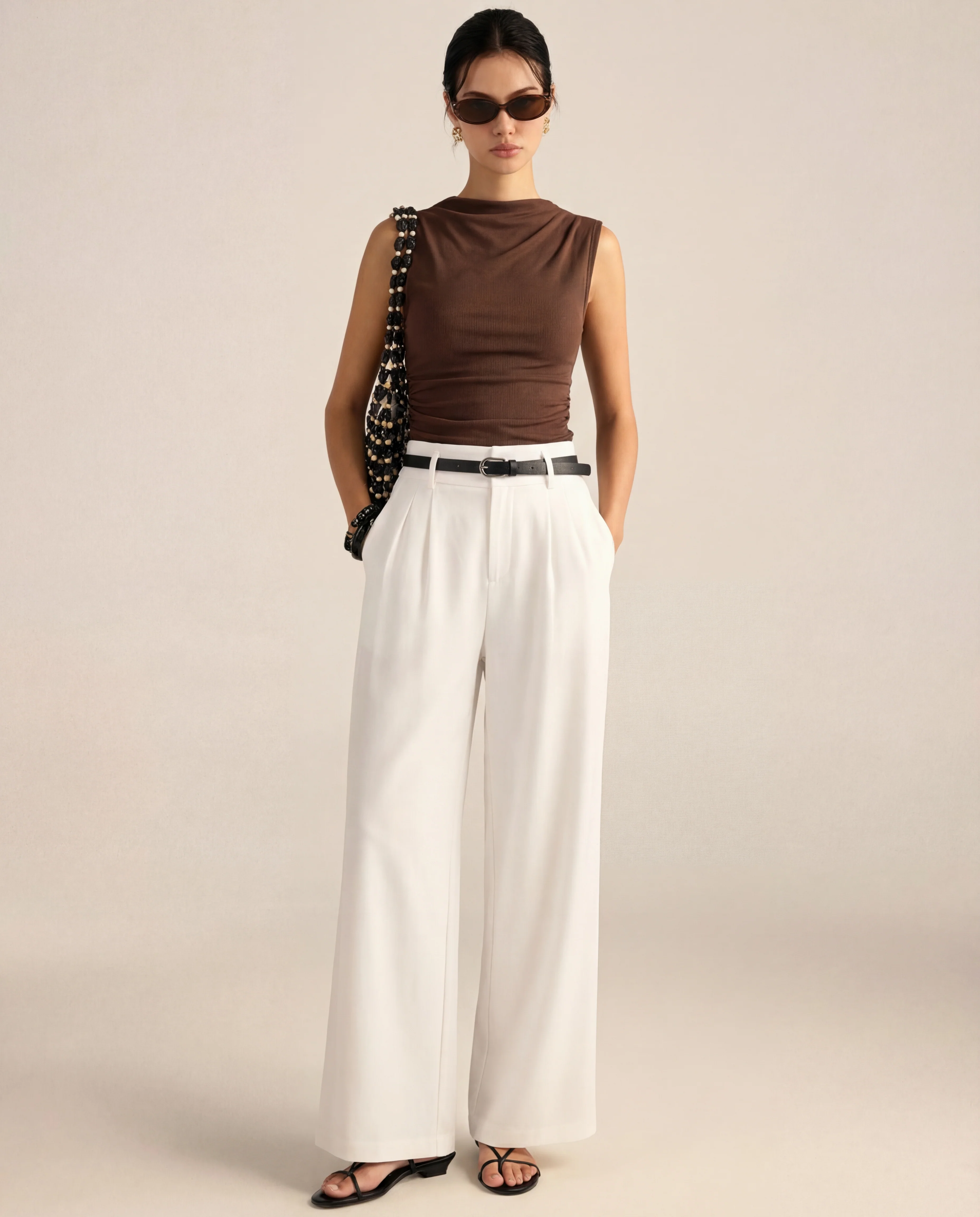 Brown Cowl Neck Ribbed Top And White Pleated Pants Set (With Belt) - Image 5
