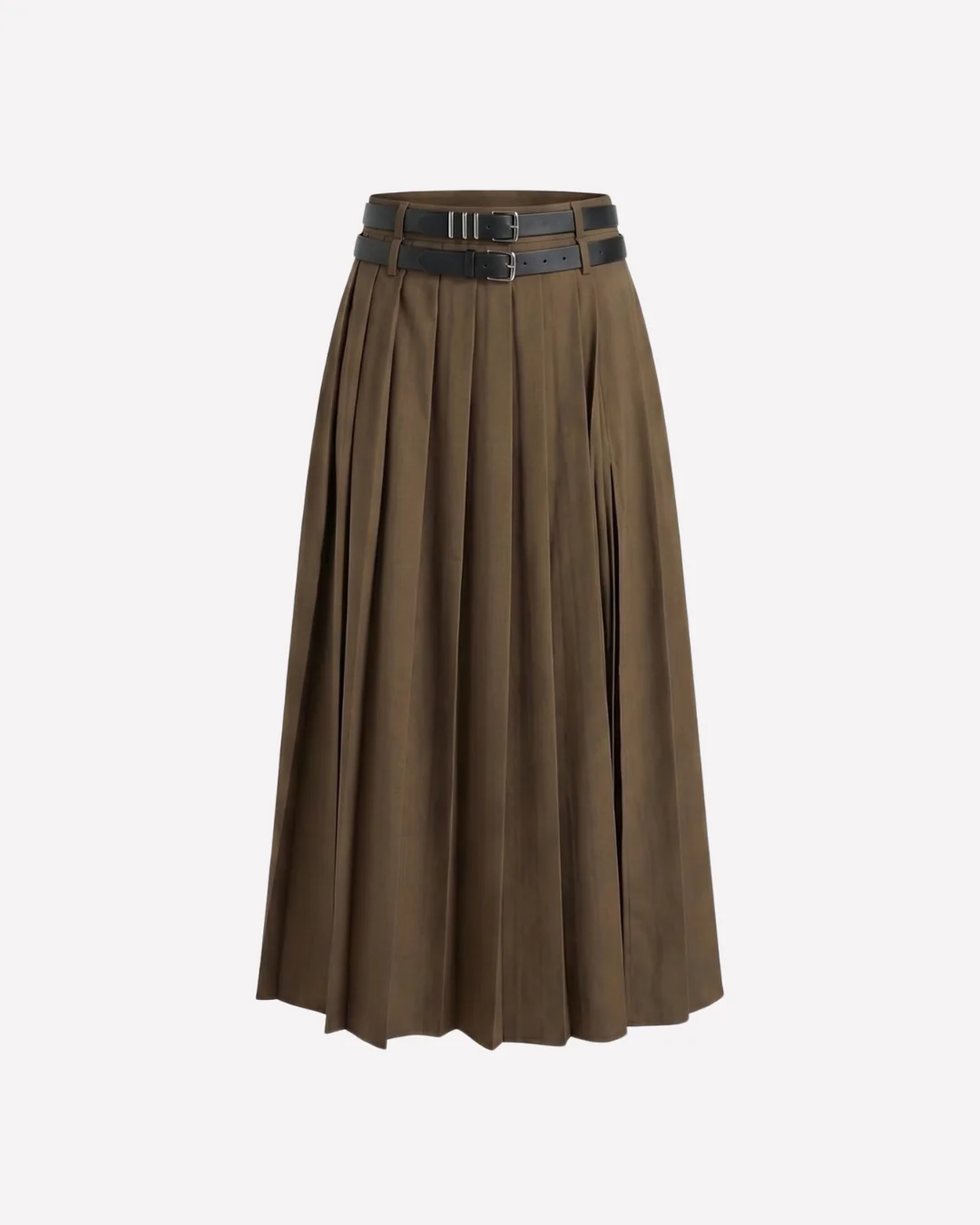 Brown Pleated Slit Skirt With Detachable Belts - Image 4
