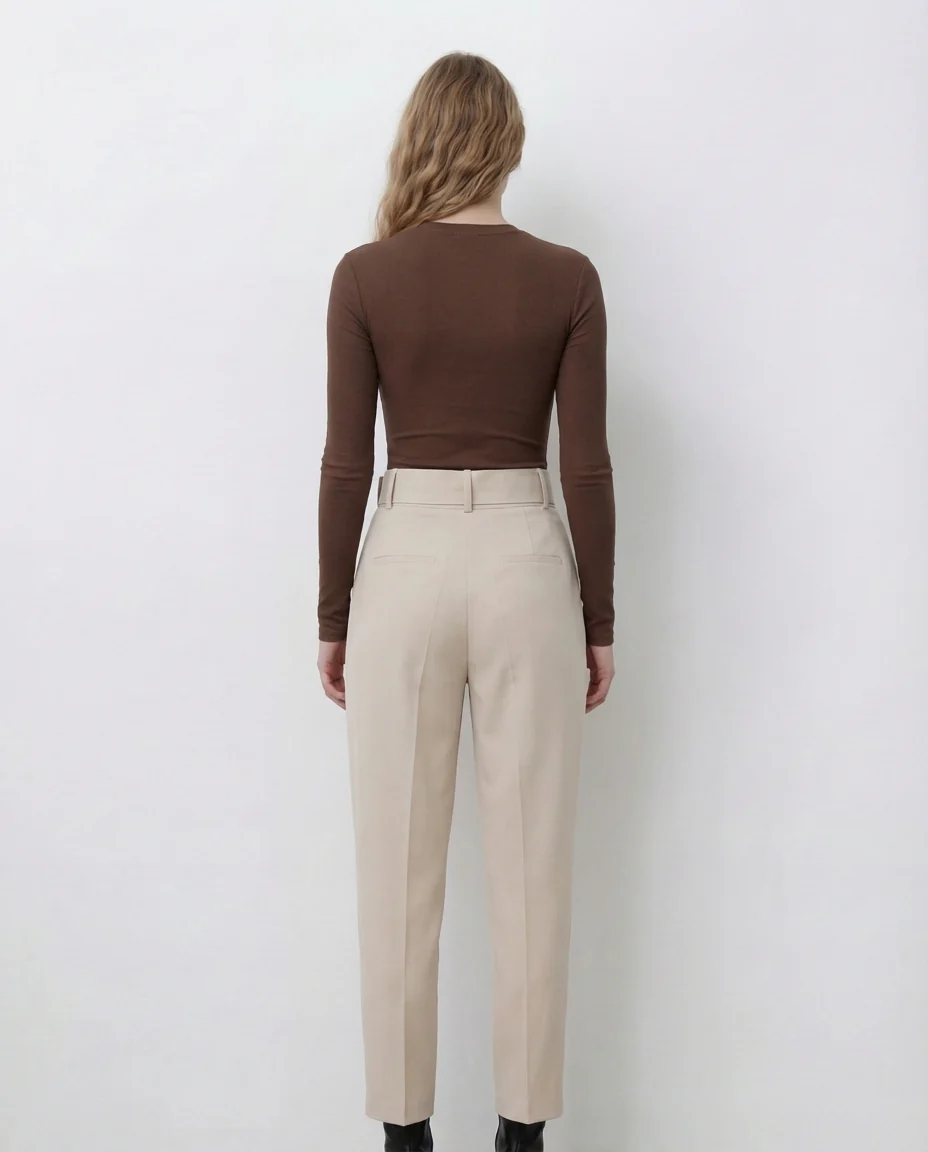 Brown Ribbed Bodysuit with Belted Tapered Pant Set - Image 3