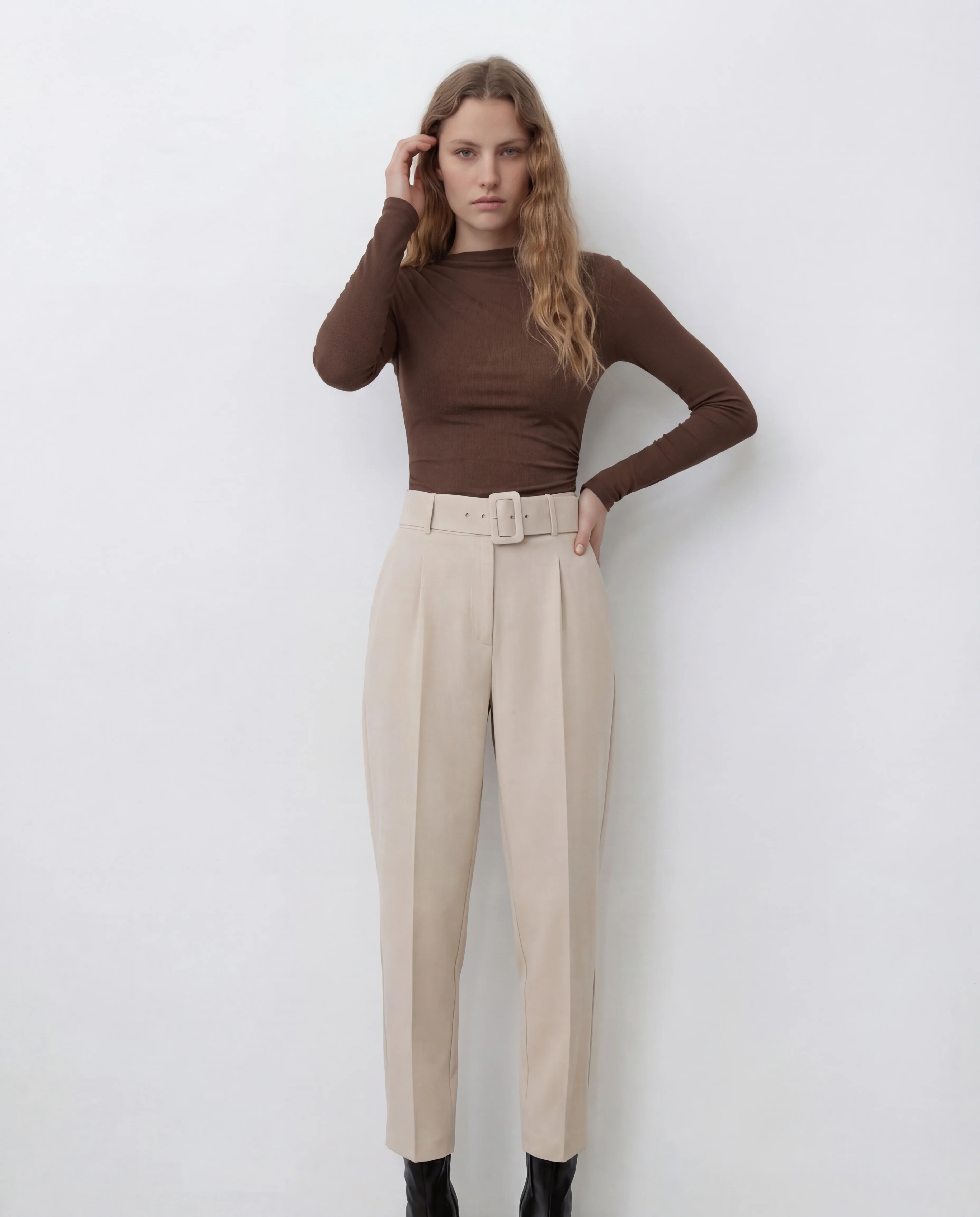 Brown Ribbed Bodysuit with Belted Tapered Pant Set - Image 5