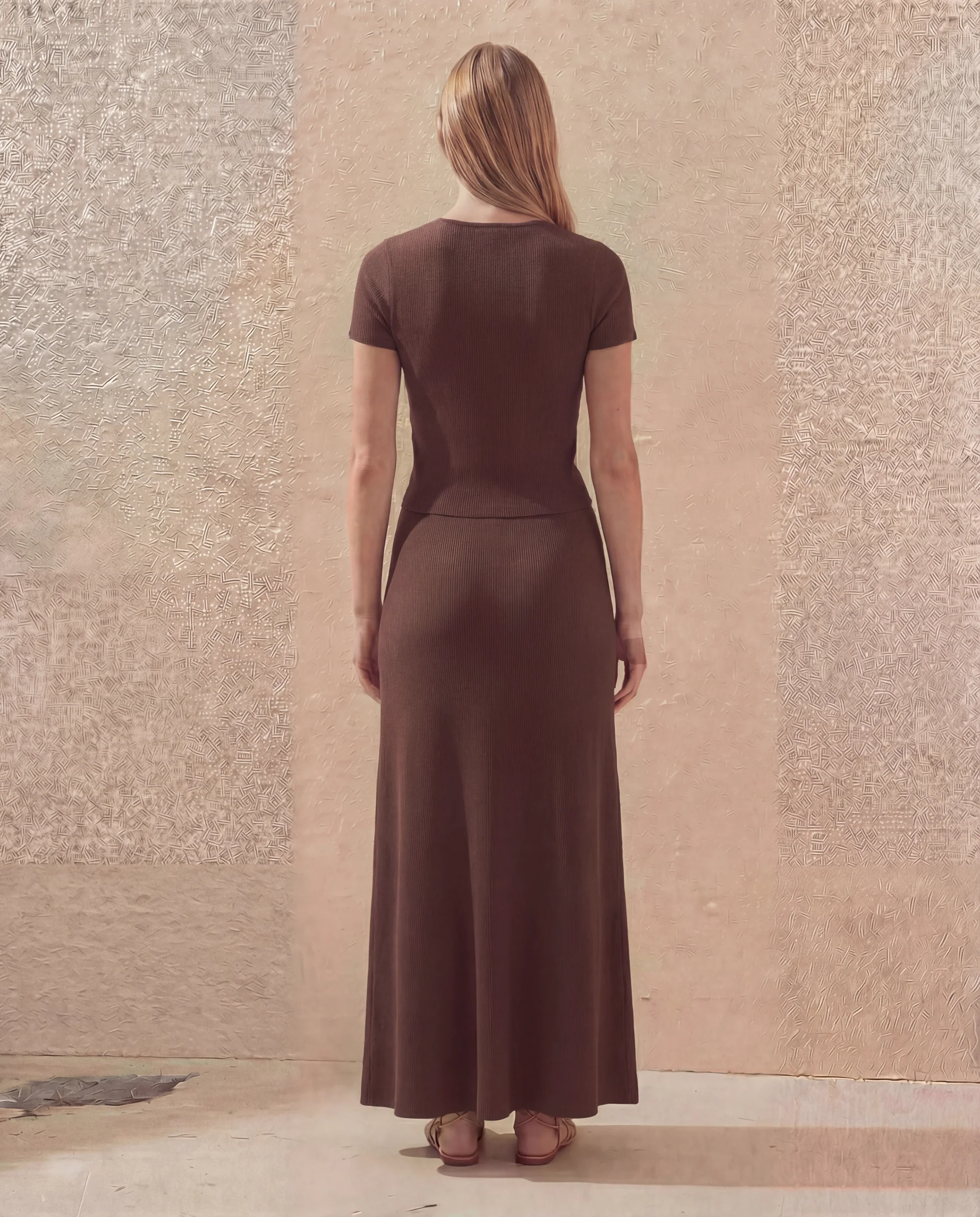 Brown Ribbed Bow Top And Skirt Set - Image 3