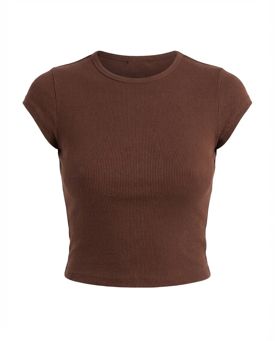 Brown Ribbed Cotton Crop Top - Image 3