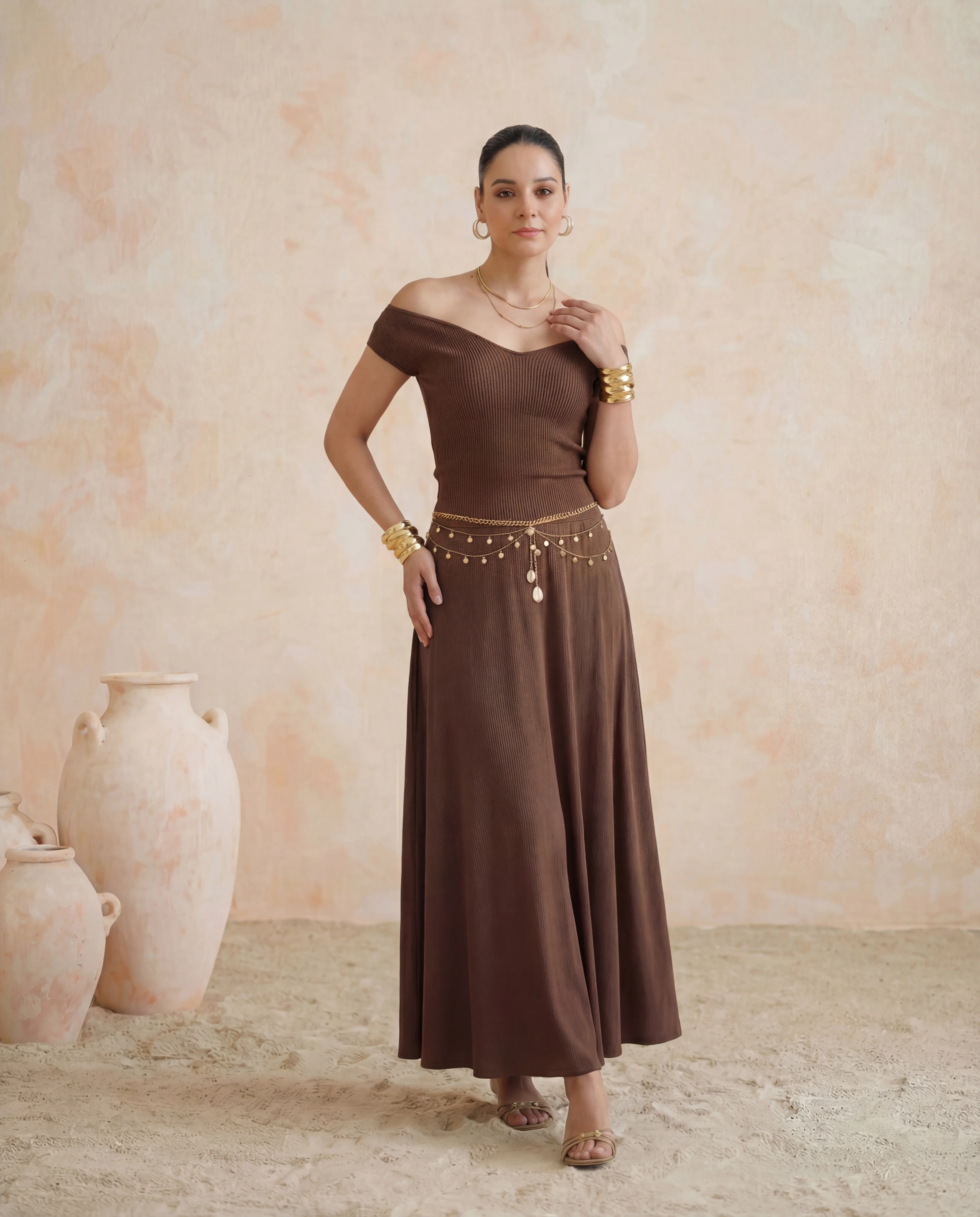Brown Ribbed Knit Off Shoulder Top And Maxi Skirt Set - Image 3