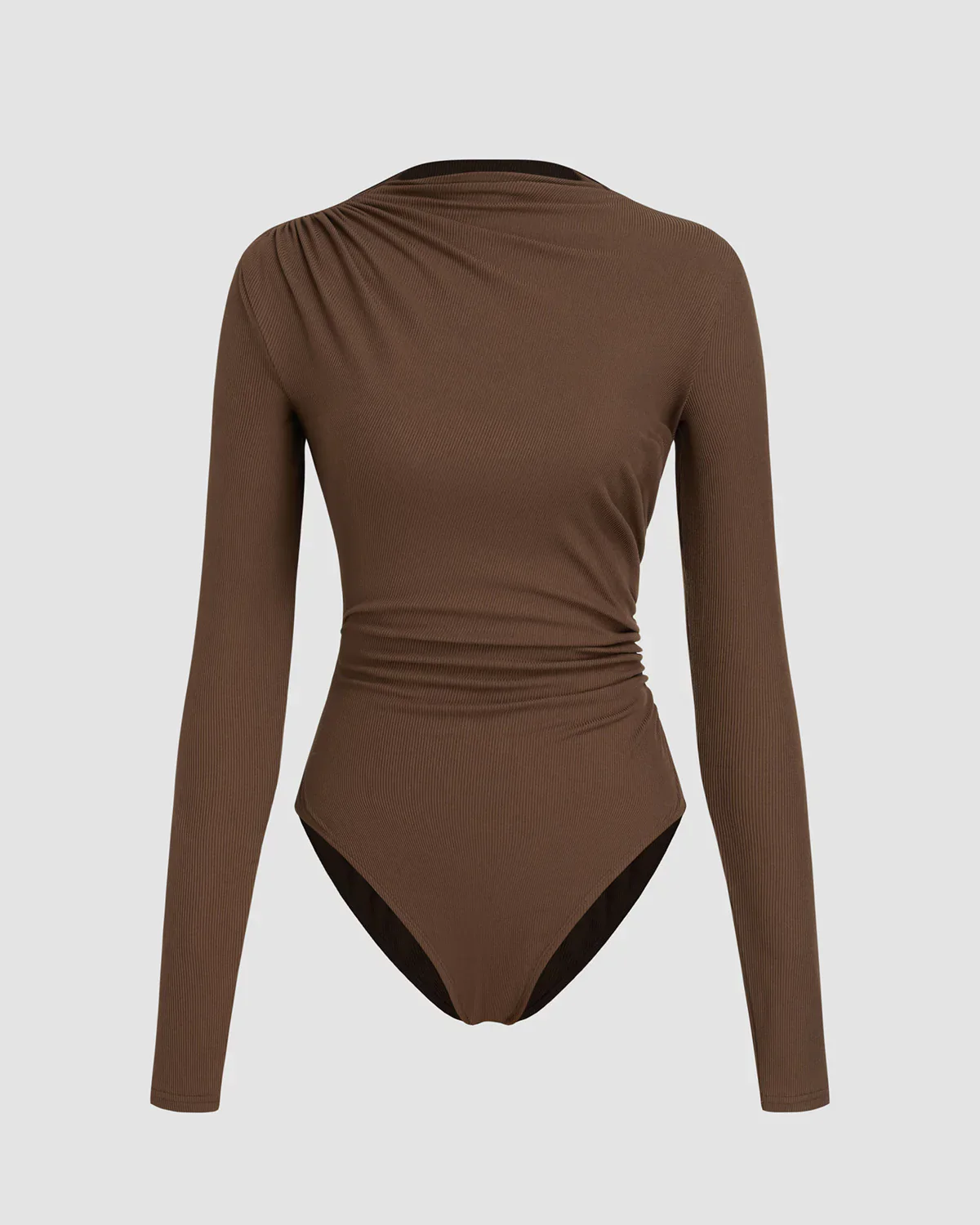 Brown Ribbed Ruched Bodysuit - Image 3