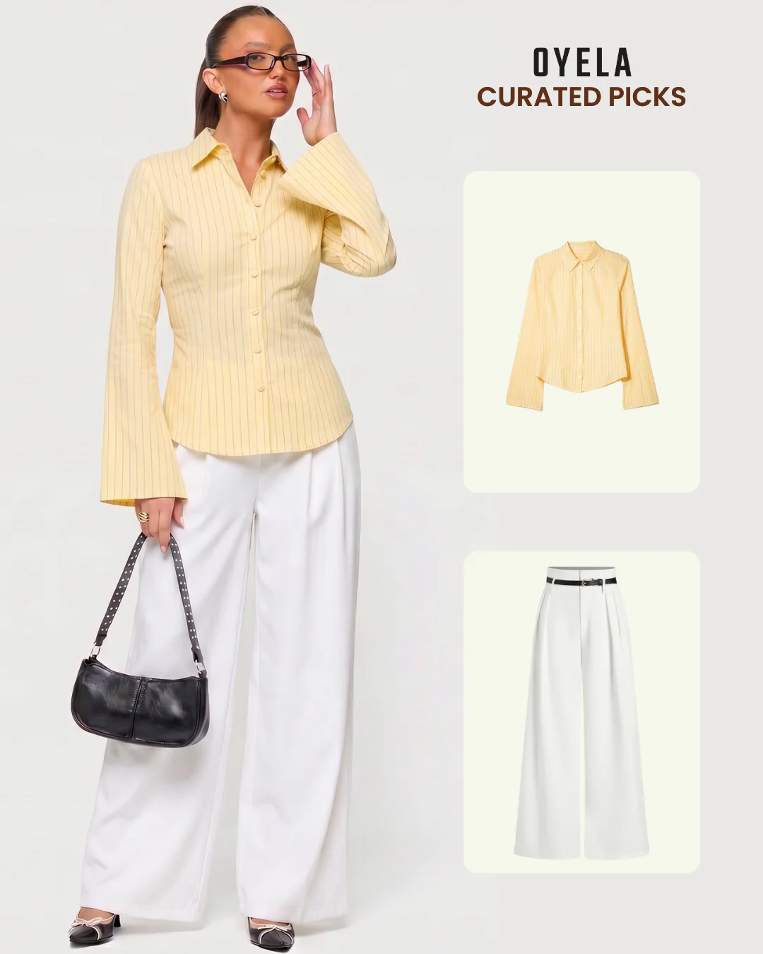 Butter Yellow Pinstripes Flared Shirt and White Pleated Pants with Belt