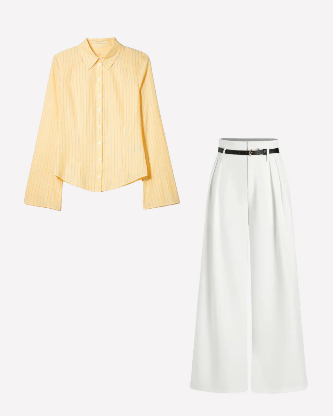 Butter Yellow Pinstripes Flared Shirt and White Pleated Pants with Belt - Image 2