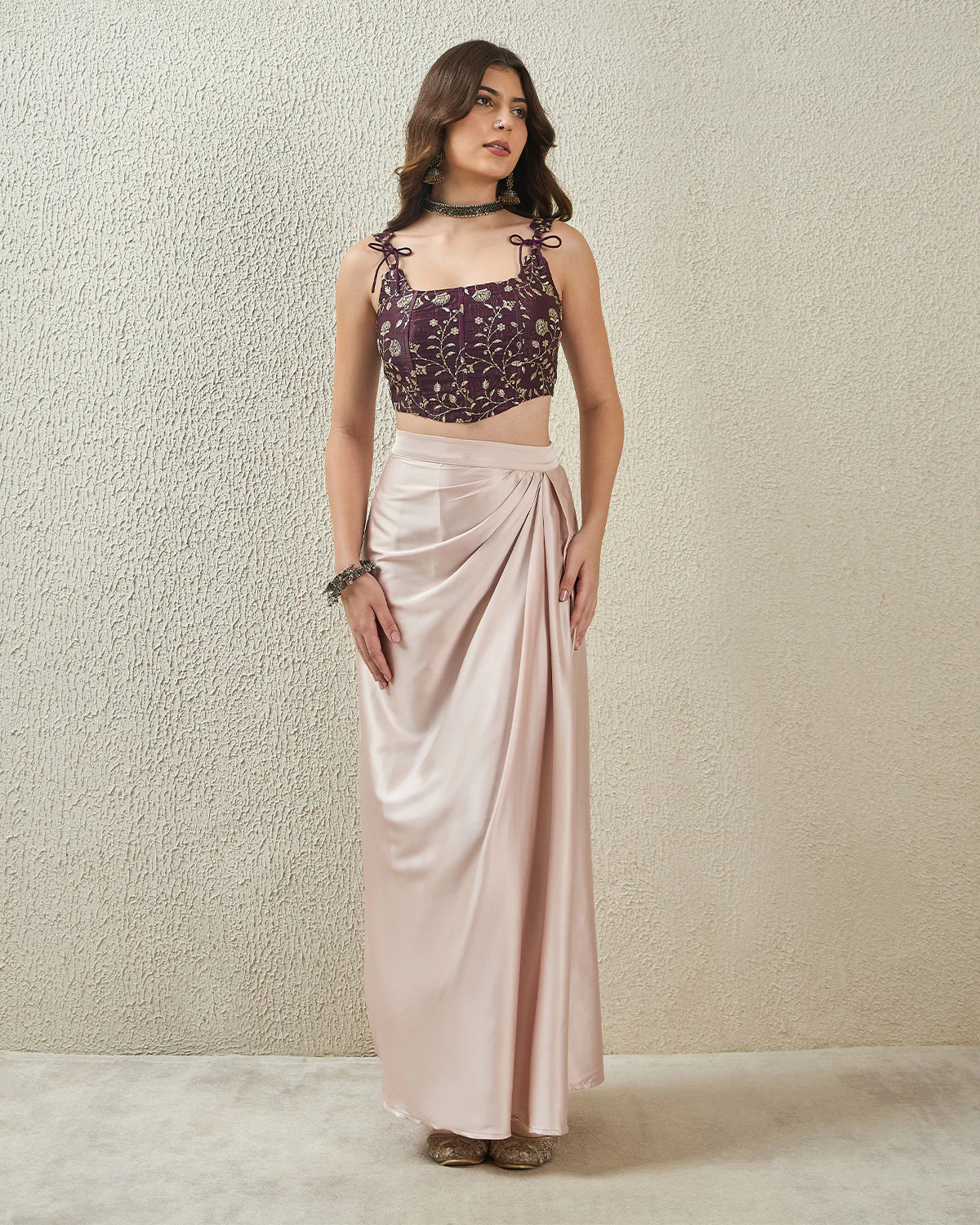 Satin Silk Draped Skirt - Champagne - Image 4
