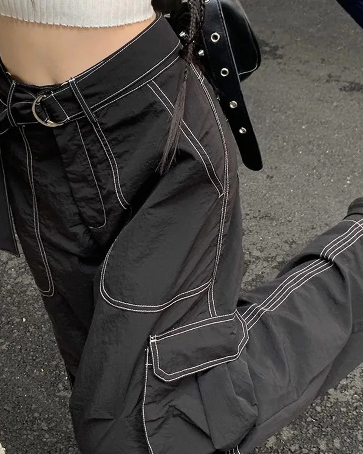 Contrast Stitch Baggy Belted Cargo - Image 5