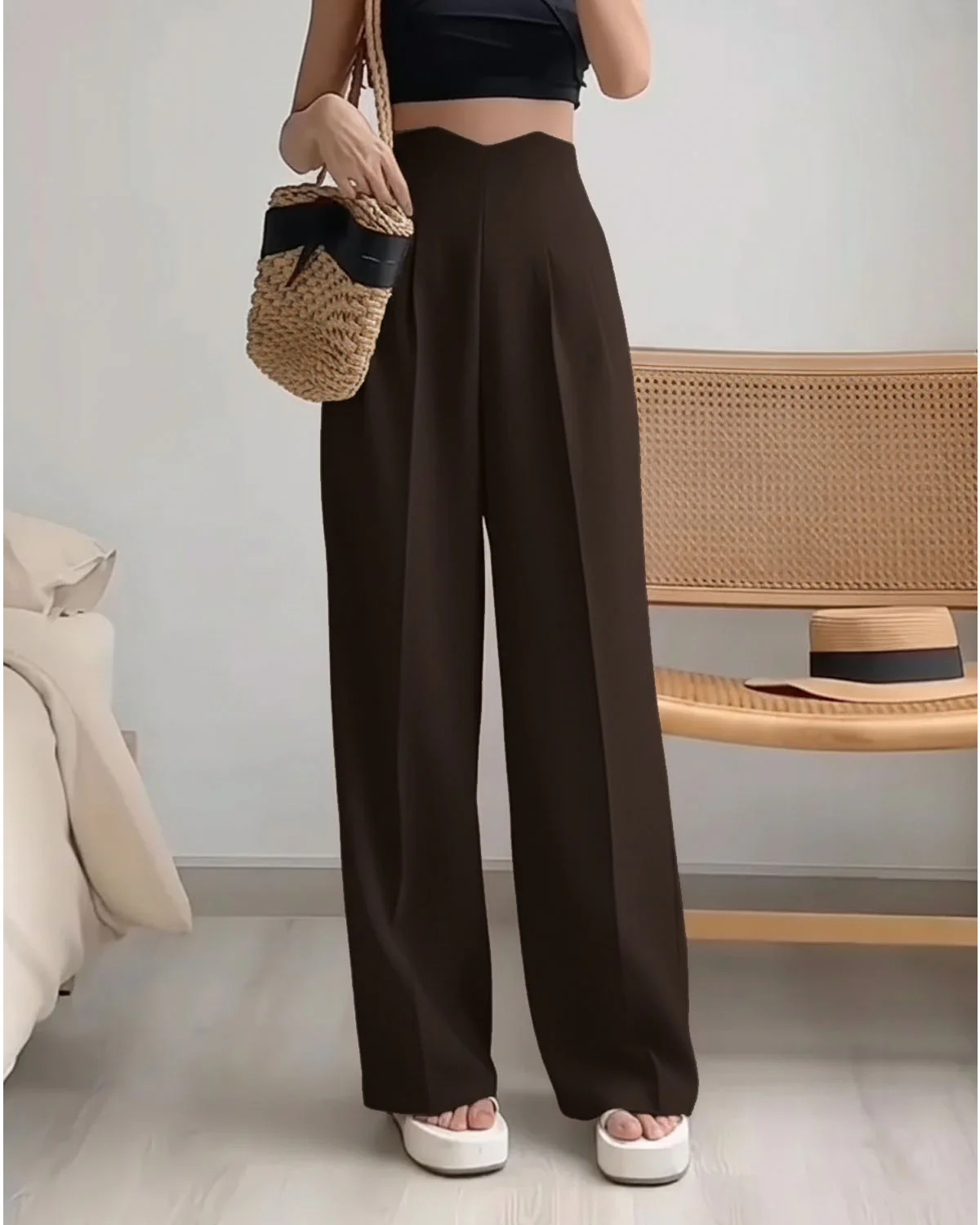 Corset Waist Pleated Pants - Dark Brown