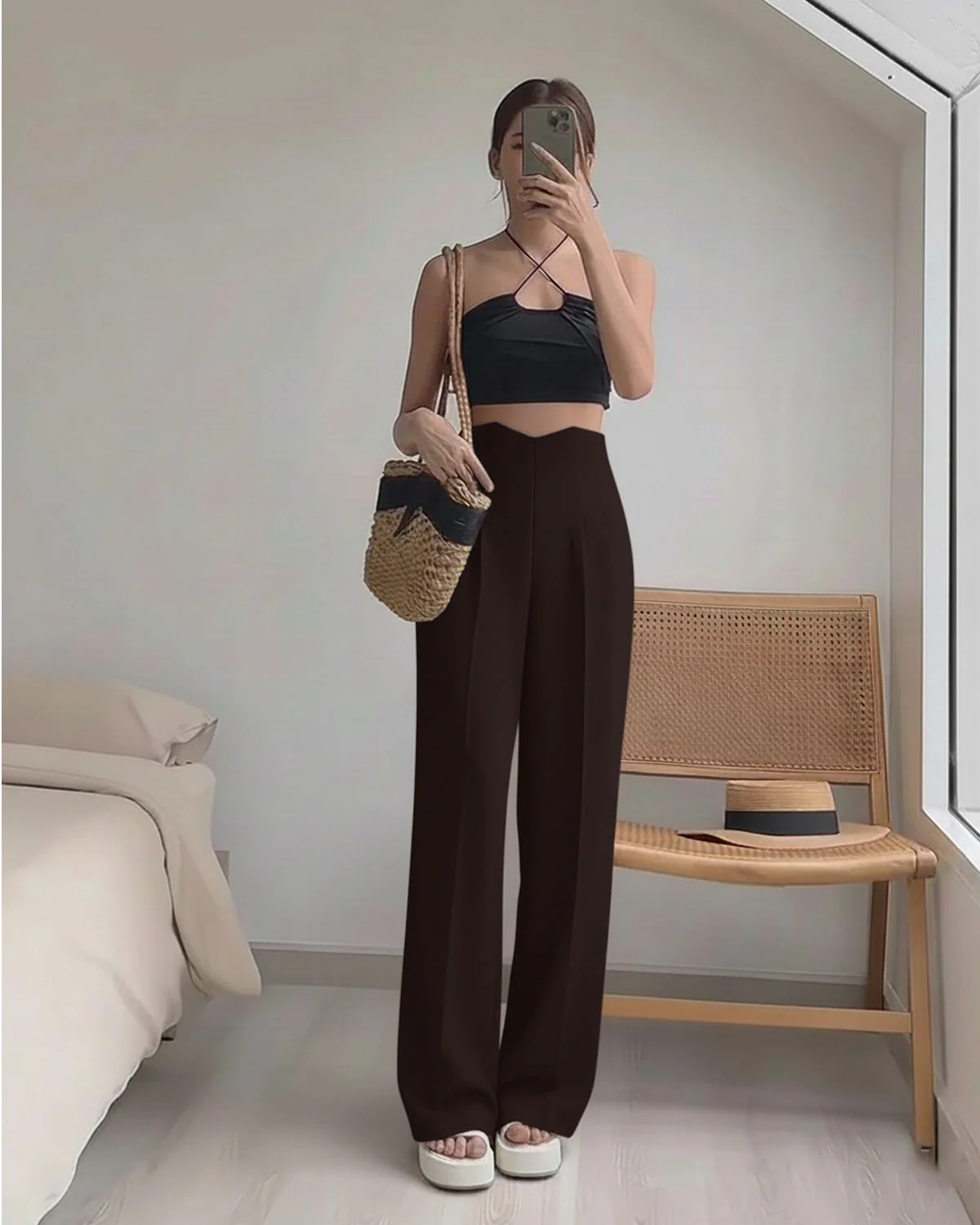 Corset Waist Pleated Pants - Dark Brown - Image 2