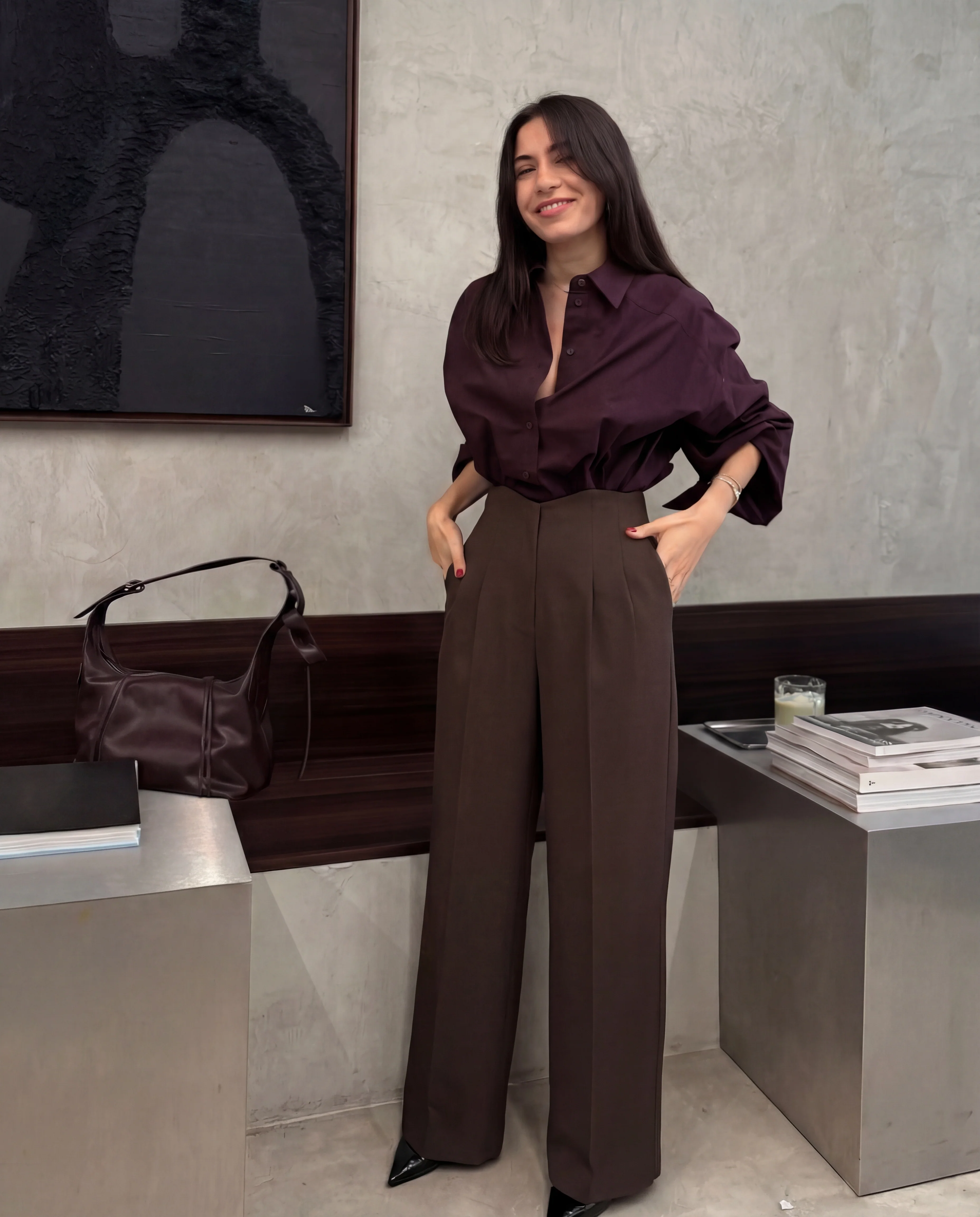 Corset Waist Pleated Pants - Dark Brown - Image 4